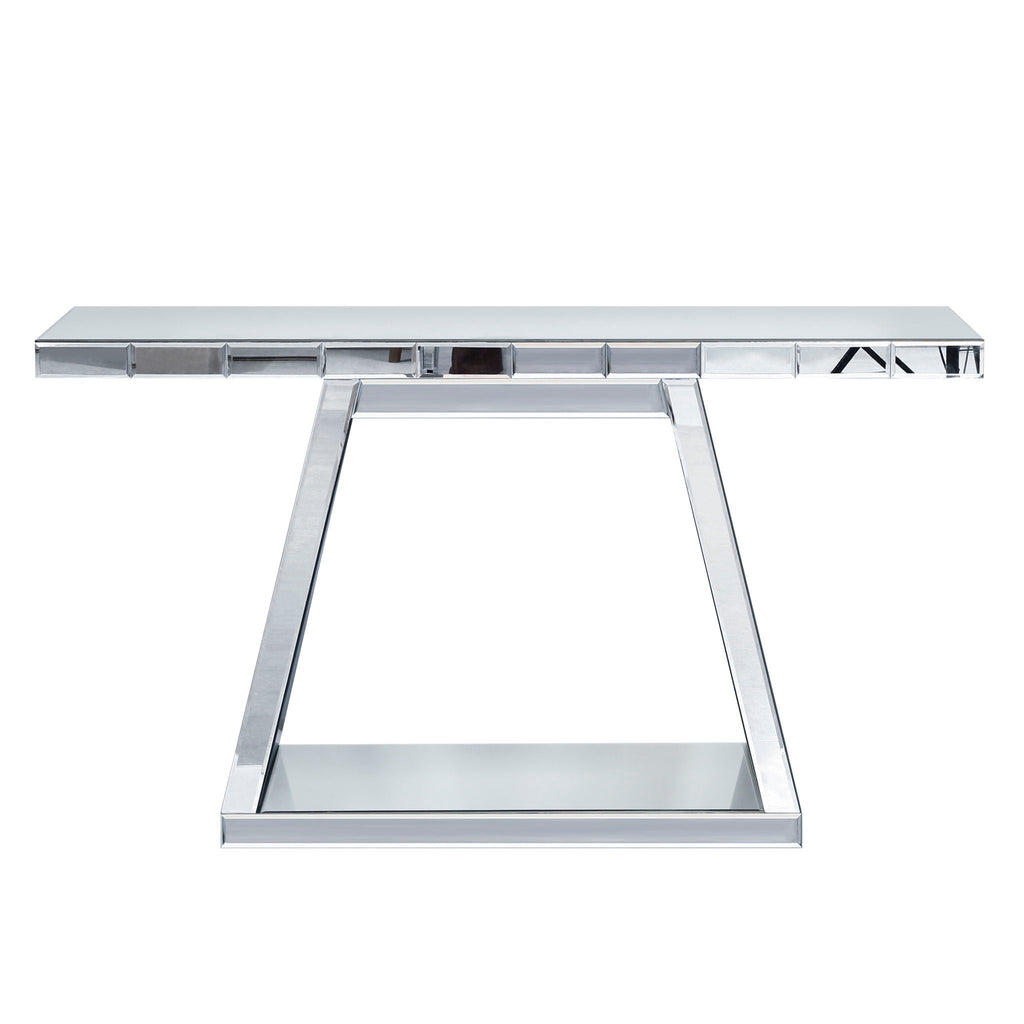 Modern Luxe Full Body Mirror Entryway Table With Trapezoid Base, 360° Reflective Console, Scratch Resistant, Open Storage - Silver by Unique Piece Furniture