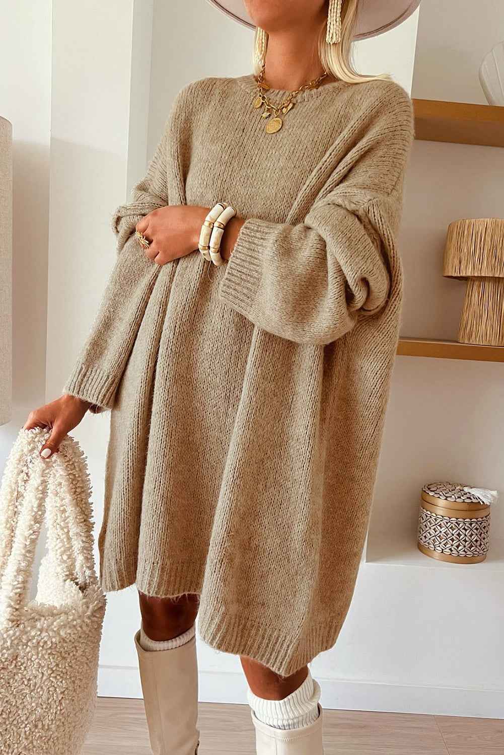 Pale Khaki Oversize Drop Shoulder Slouchy Sweater Dress by Wild and Free Boutique