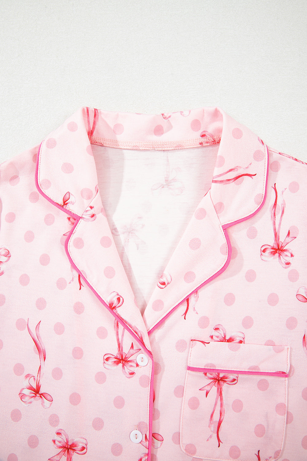 Pink Bow Print Contrast Pipping Short Pajamas Set by Wild and Free Boutique