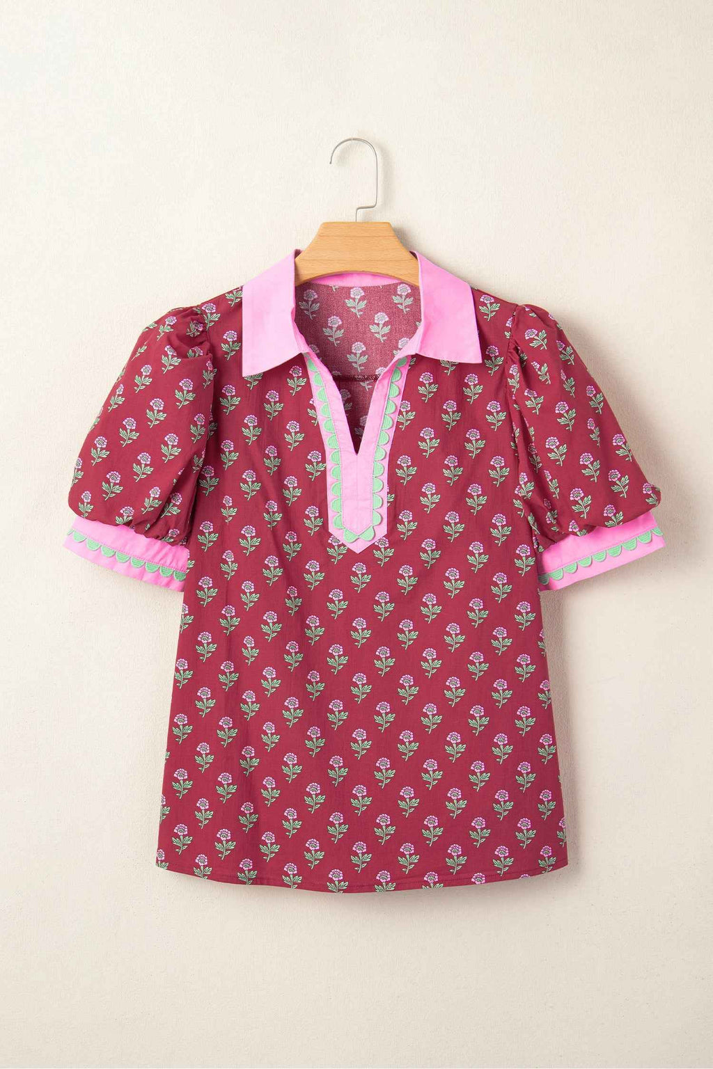 Red Contrast Collared V Neck Ricrac Trim Short Puff Sleeve Flower Blouse by Wild and Free Boutique