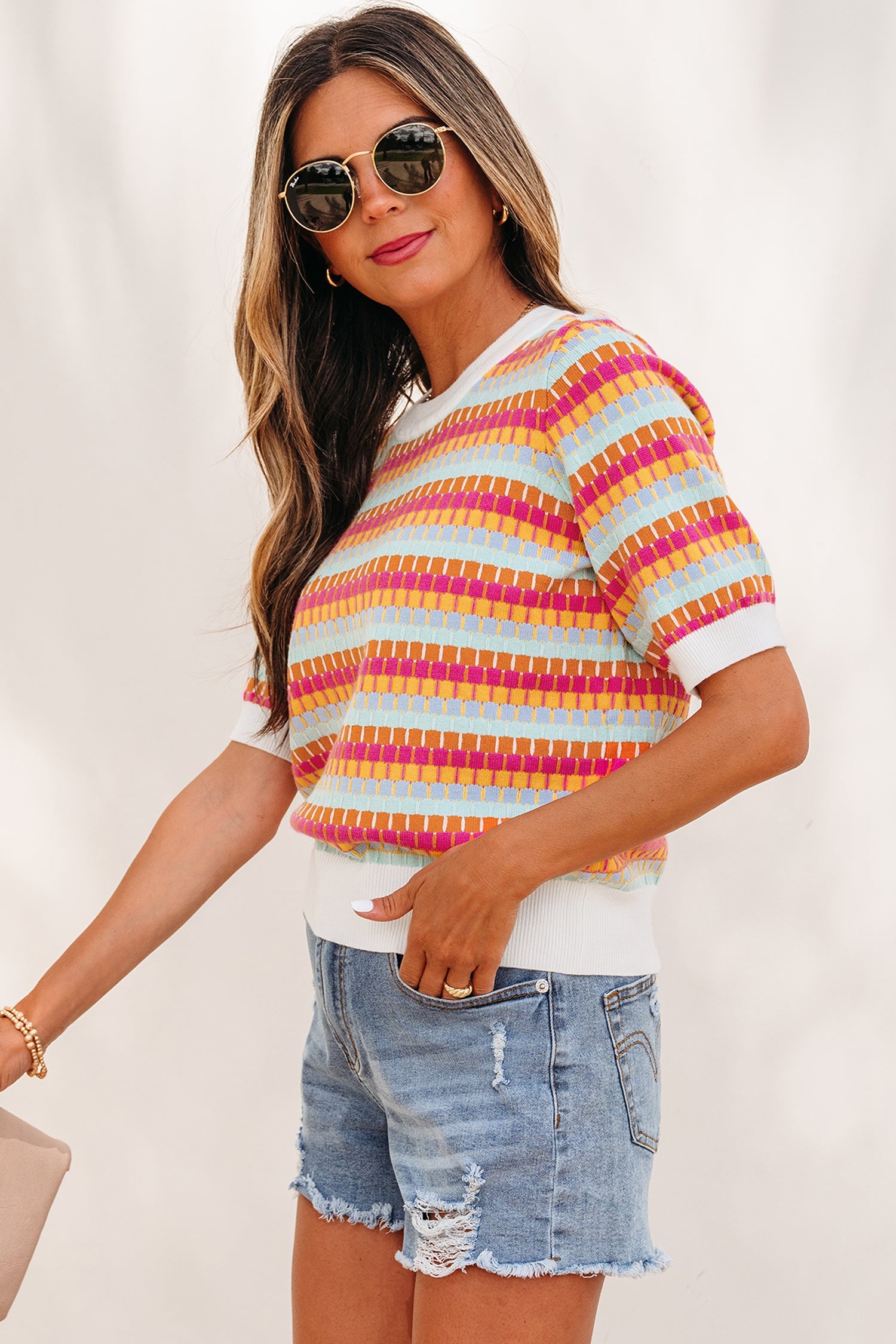 Purple Abstract Striped Knit Short Sleeve Sweater by Wild and Free Boutique