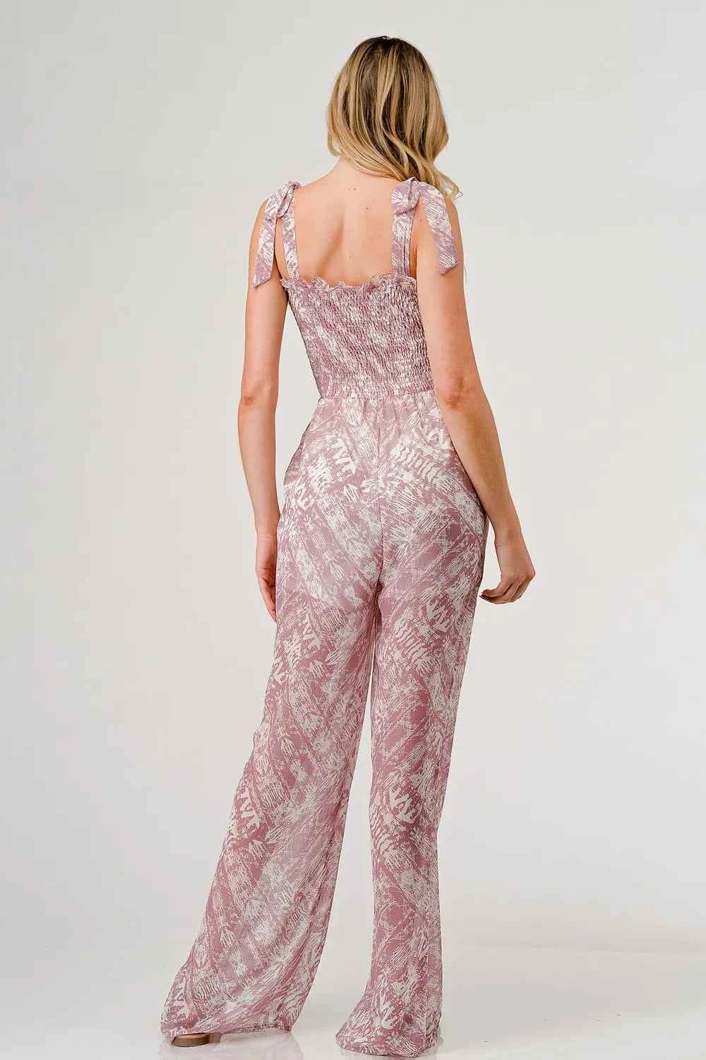 GeeGee Printed Tie Shoulder Wide Leg Jumpsuit by Wild and Free Boutique