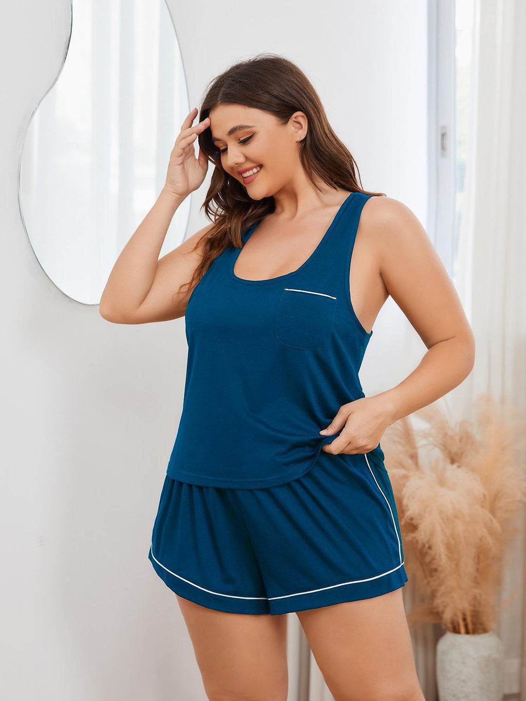 Plus Size Contrast Piping Racerback Tank and Shorts Lounge Set by Wild and Free Boutique