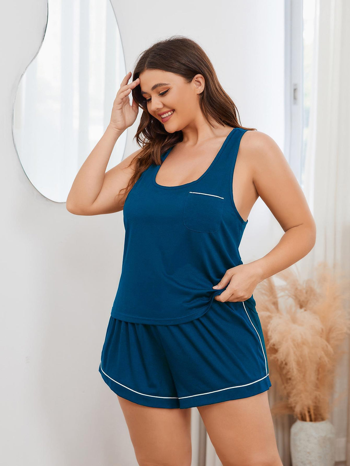 Plus Size Contrast Piping Racerback Tank and Shorts Lounge Set by Wild and Free Boutique