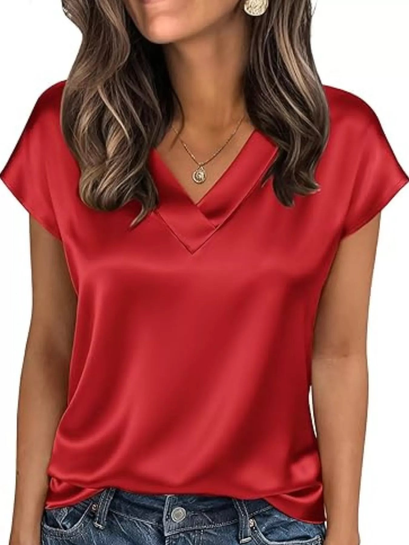 Satin V-Neck Short Sleeve Blouse by Wild and Free Boutique