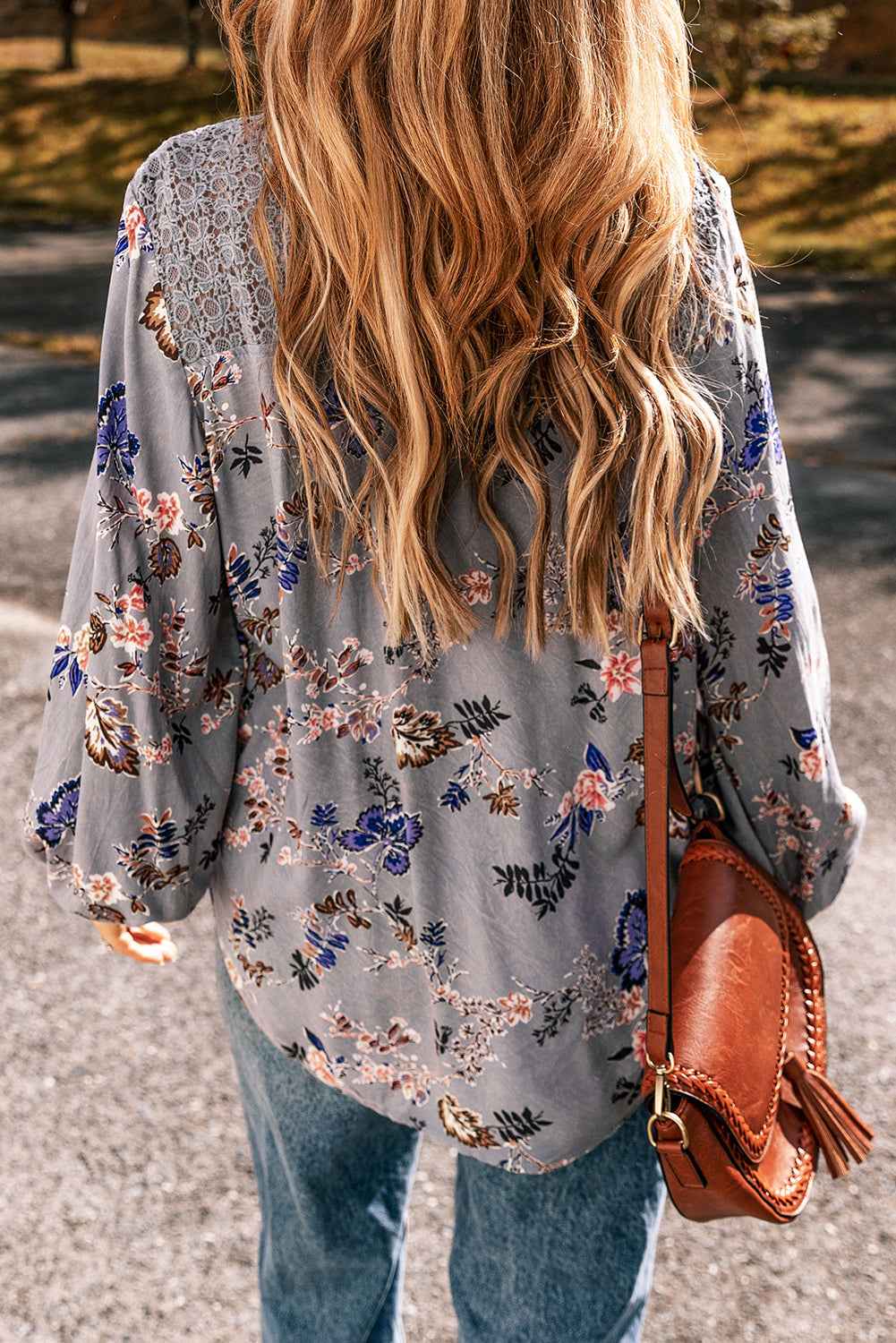 Sky Blue Floral Print Lace Patchwork Knot Front V Neck Blouse by Wild and Free Boutique