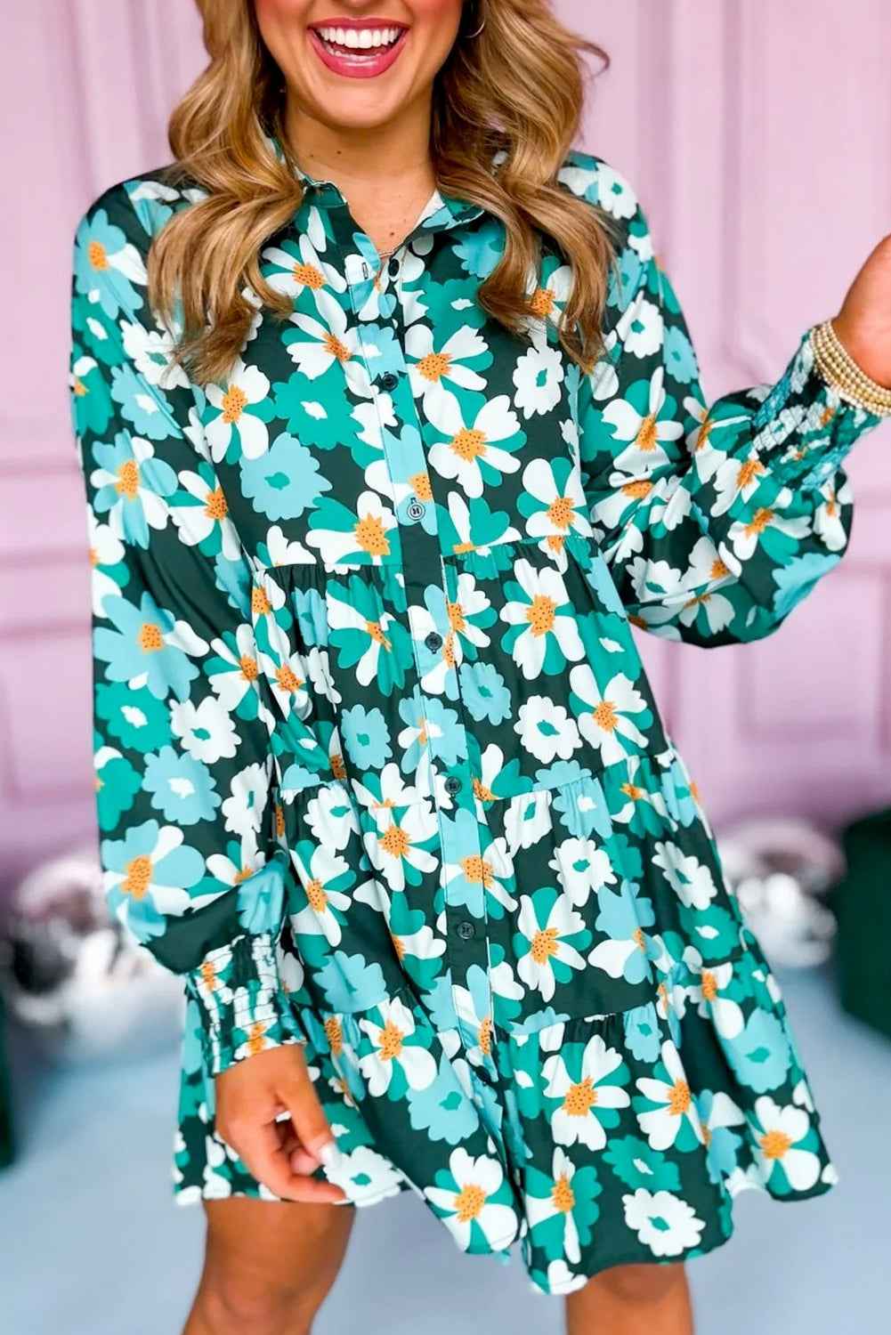 Green Floral Tiered Long Puff Sleeve Shirt Dress by Wild and Free Boutique