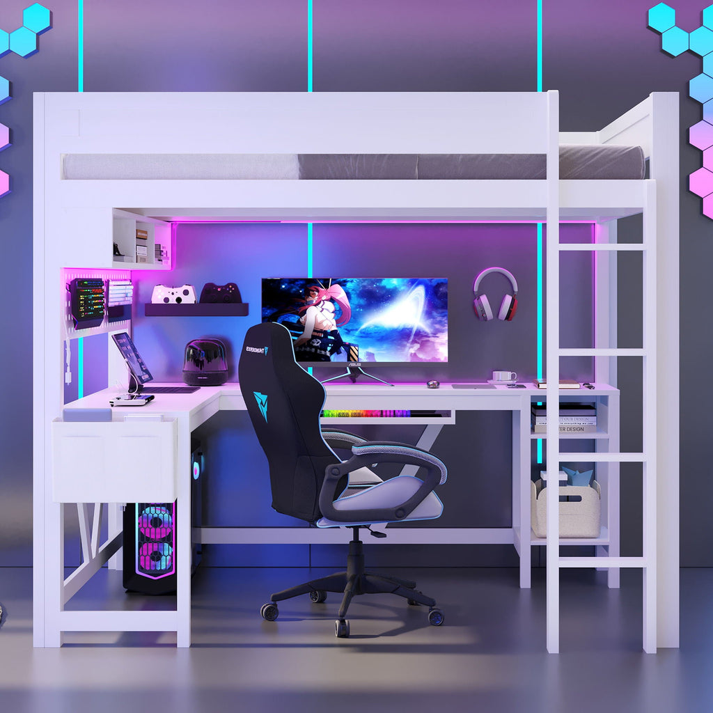 Gaming Loft Bed With Desk, Storage Shelves, LED And Charging Station by Unique Piece Furniture