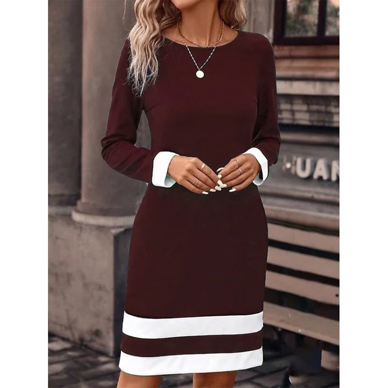 Fitted Color-Block Long-Sleeve Dress with Round Neckline by FitiqueFit