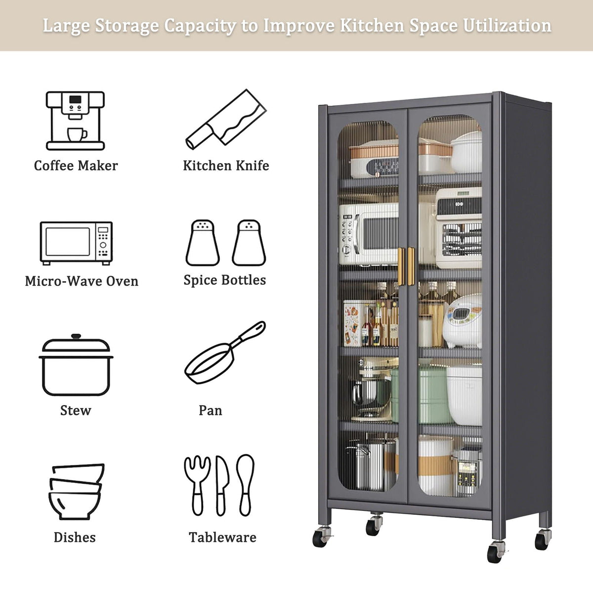 6 Tier Storage Cabinet With Transparent Door, Adjustable Shelves & Wheels by Unique Piece Furniture