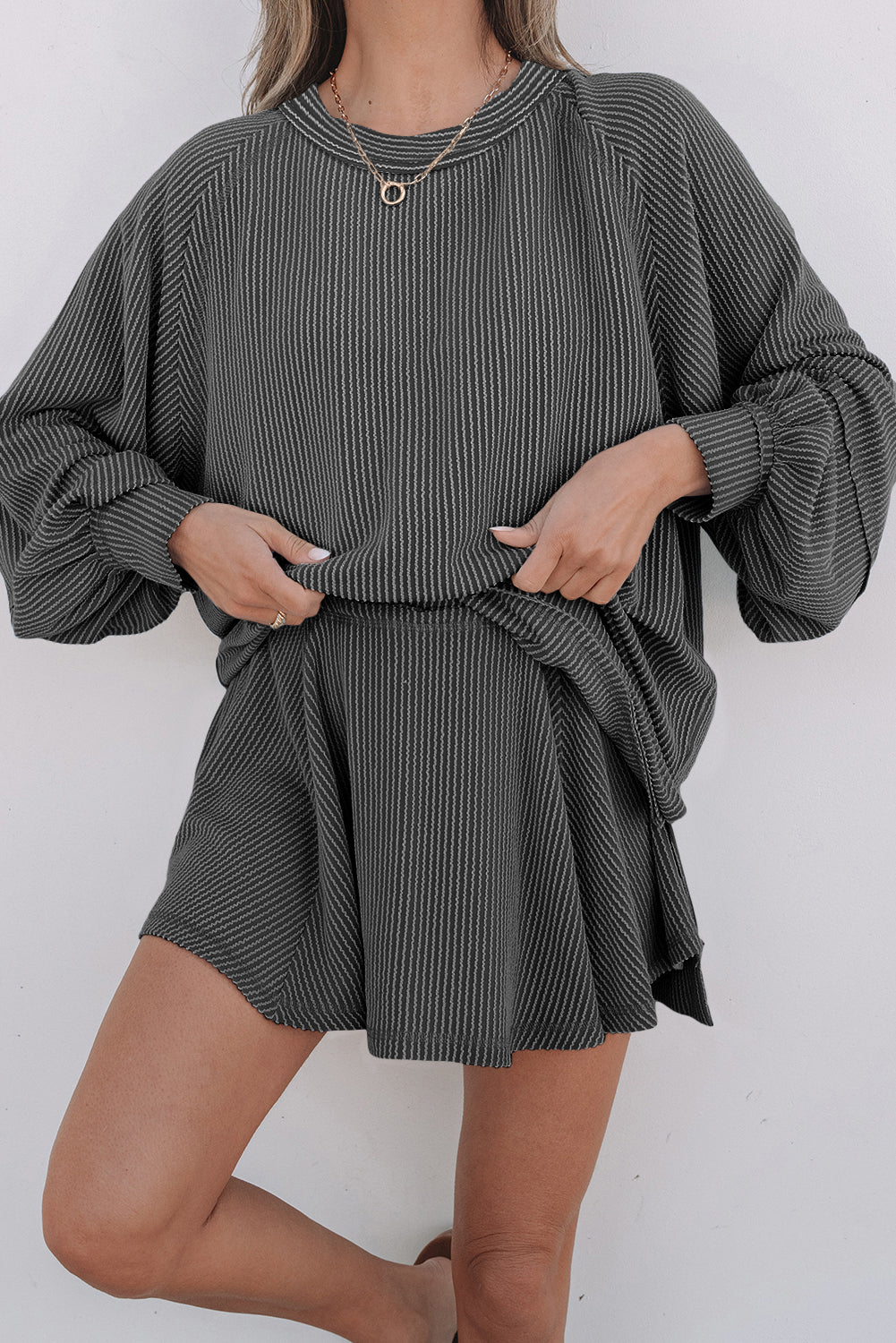Jet Stream Corded Lantern Sleeve Top High Waist Ruffled Mini Skirt Set by Wild and Free Boutique