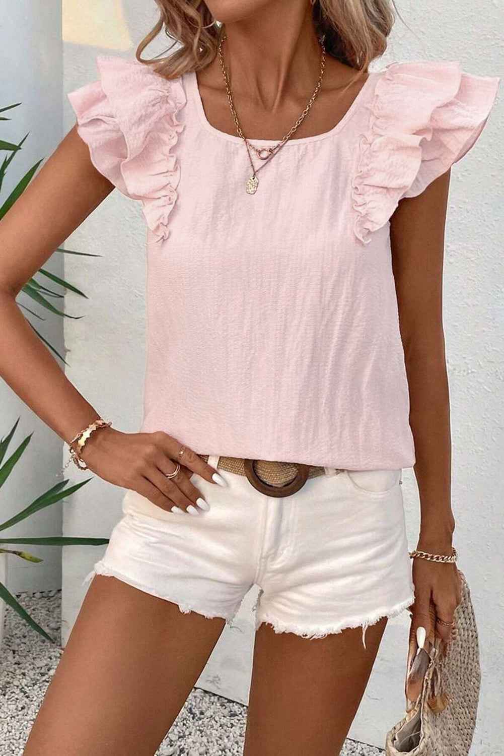 Gossamer Pink Textured Bow Frilled Ruffle Sleeve Blouse by Wild and Free Boutique