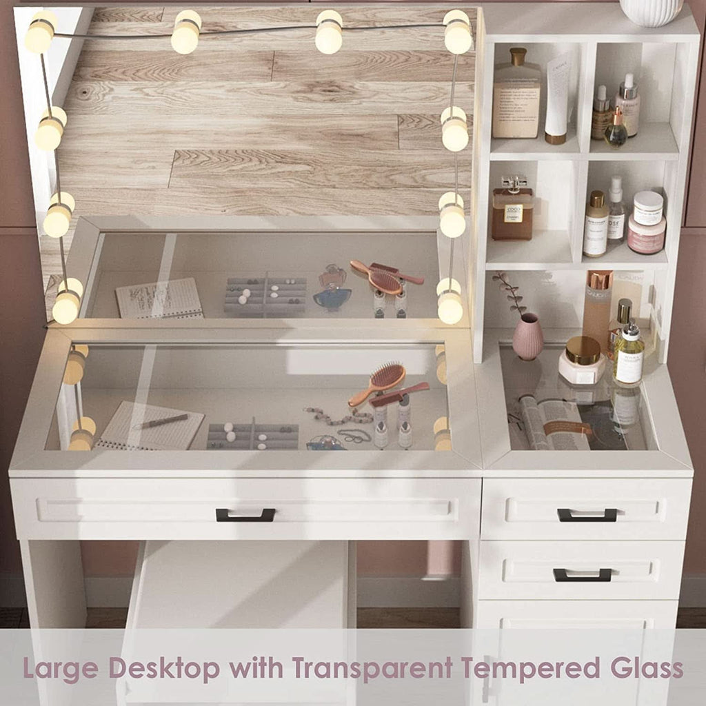 White Vanity Table Set With Glass Top Hollywood Mirror by ShipItFurniture