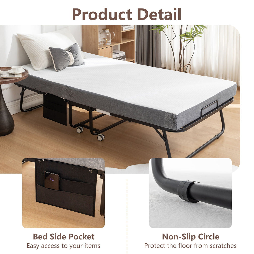 Foldable Metal Frame Bed For Guest With Memory Foam Mattress On Wheels, Saving Space Rollaway Bed by Unique Piece Furniture