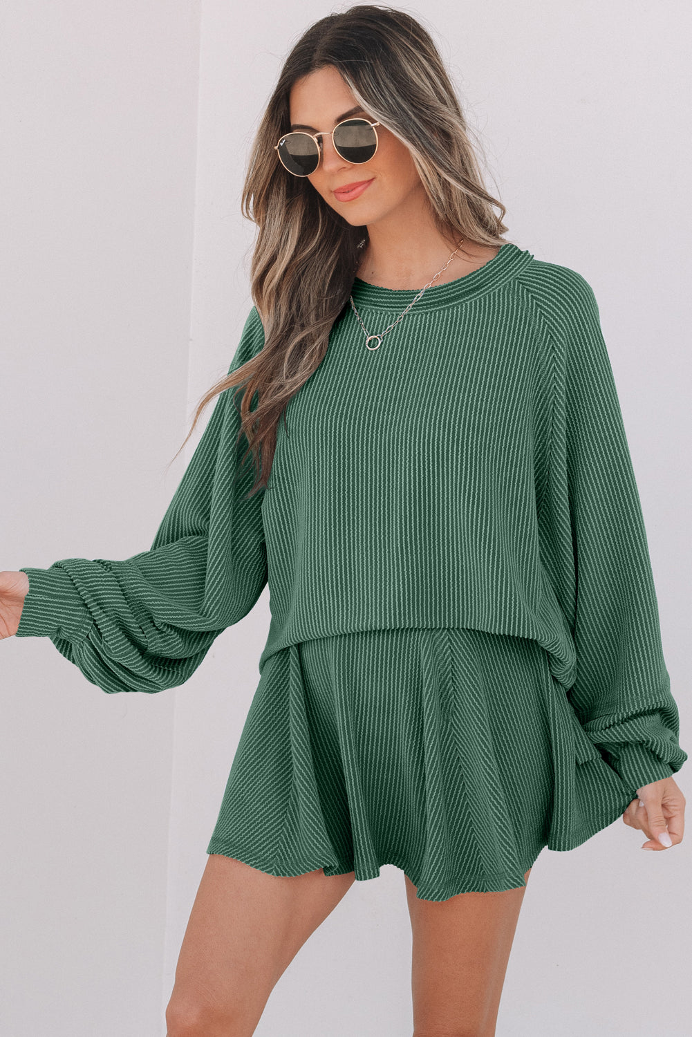 Jet Stream Corded Lantern Sleeve Top High Waist Ruffled Mini Skirt Set by Wild and Free Boutique