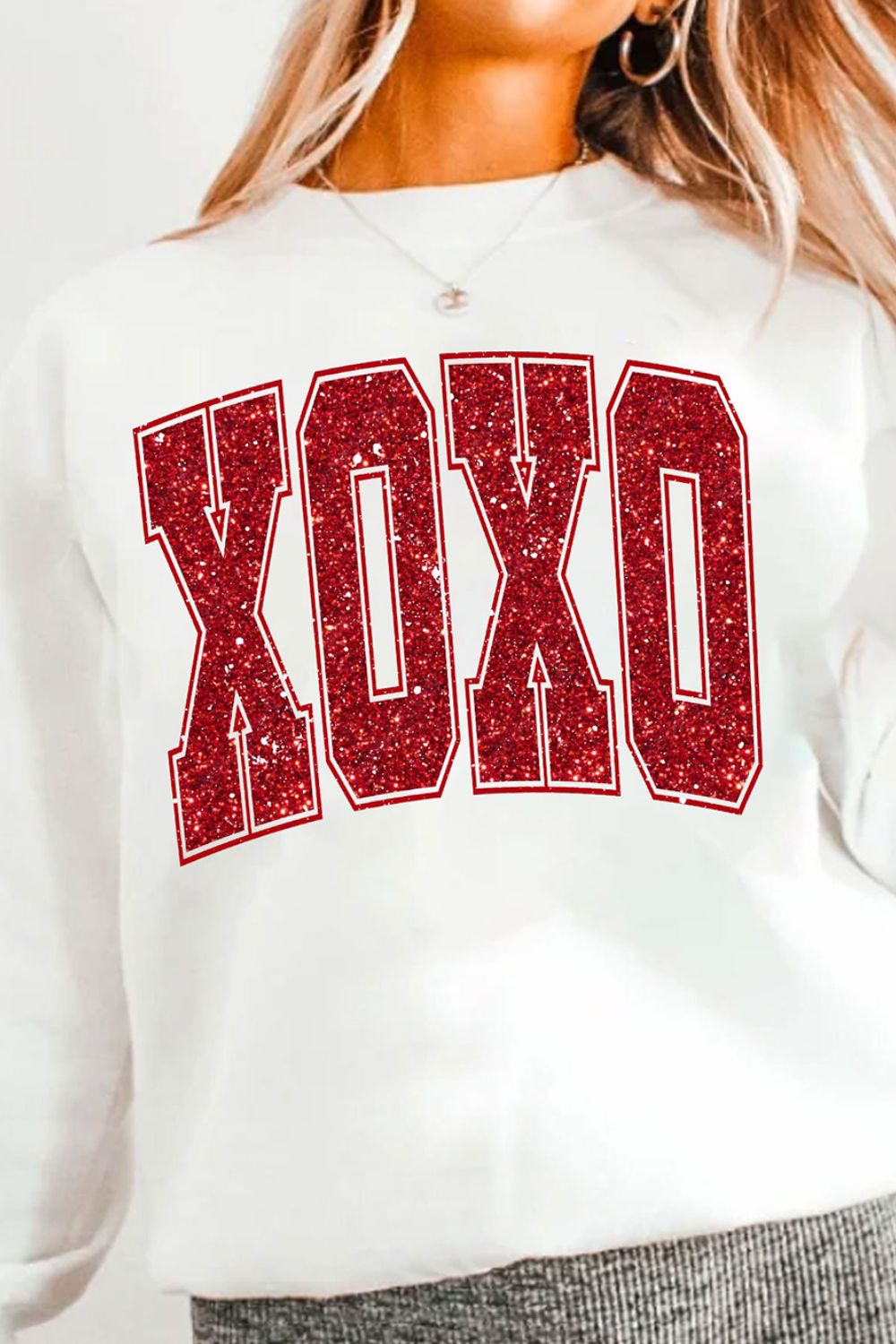 Valentine’s Day XOXO Glitter Round Neck Sweatshirt by Wild and Free Boutique