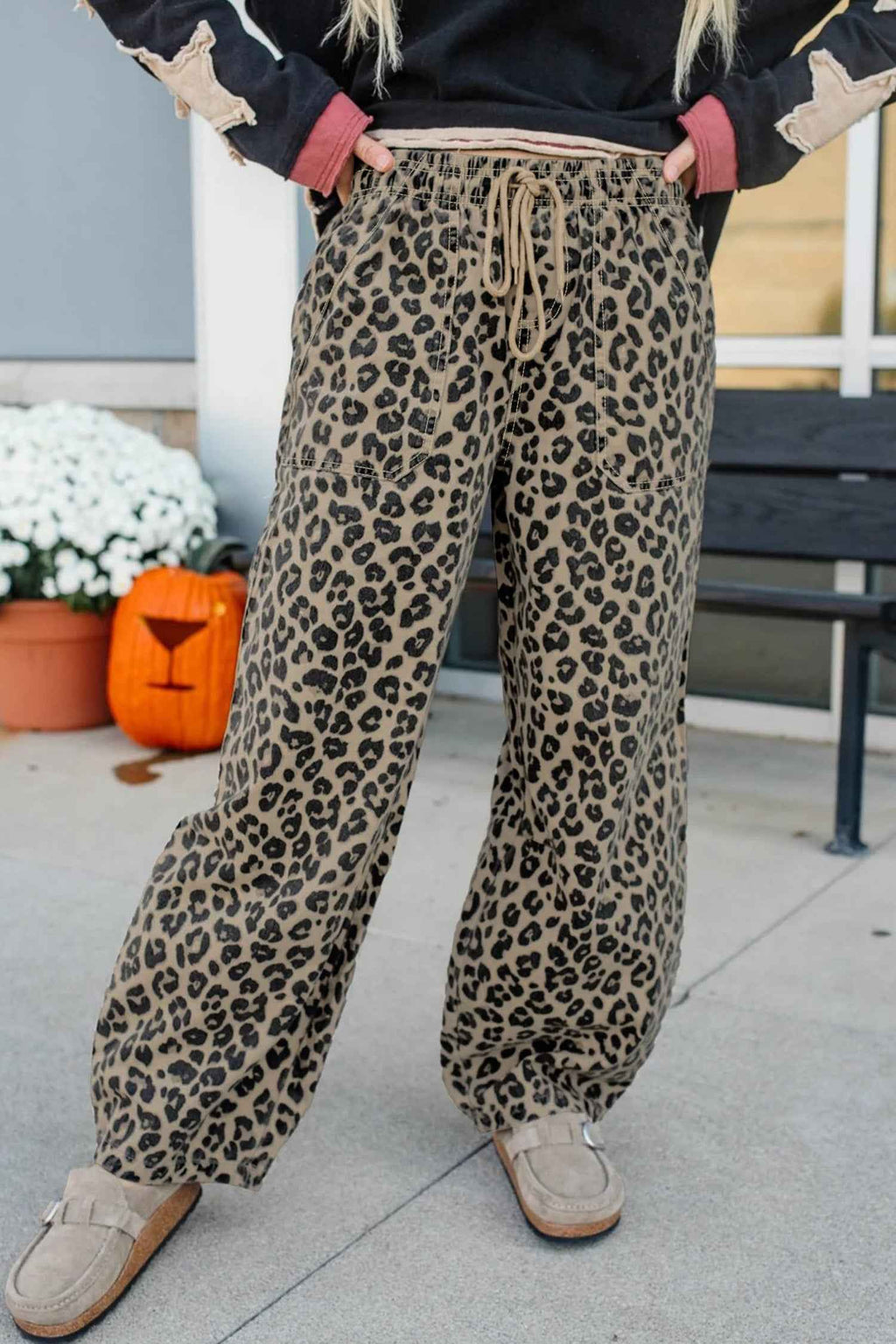 Khaki Leopard Print Drawstring Elastic Waist Loose Denim Pants with Pockets by Wild and Free Boutique