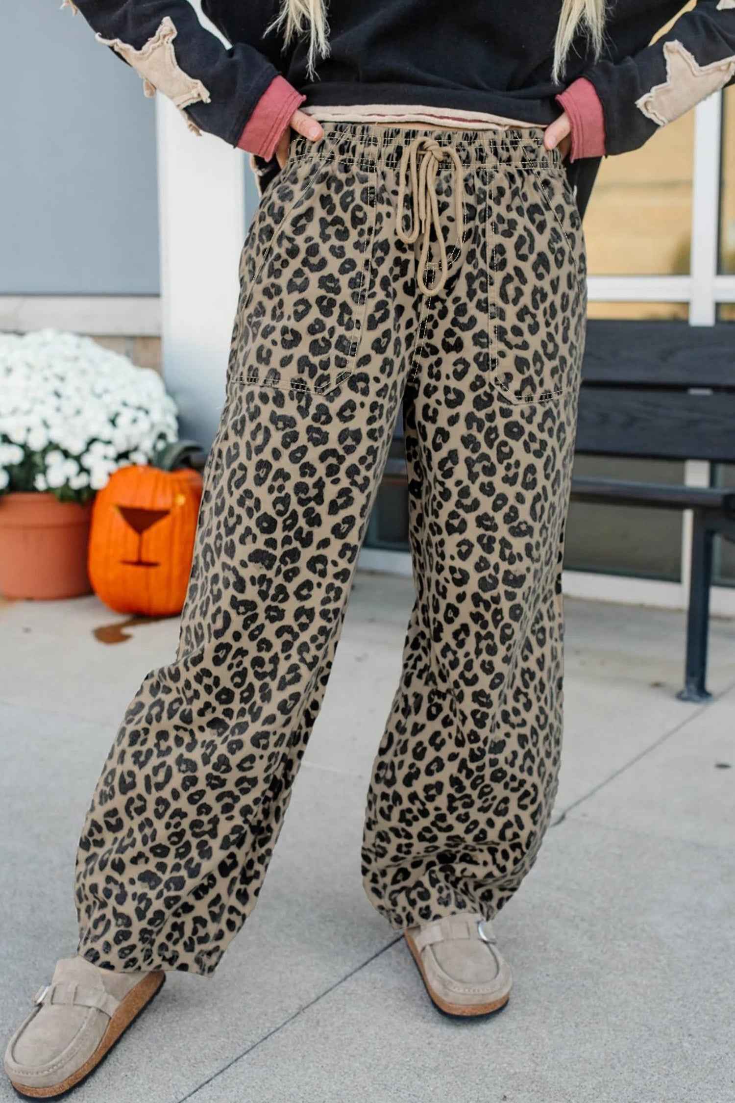Khaki Leopard Print Drawstring Elastic Waist Loose Denim Pants with Pockets by Wild and Free Boutique