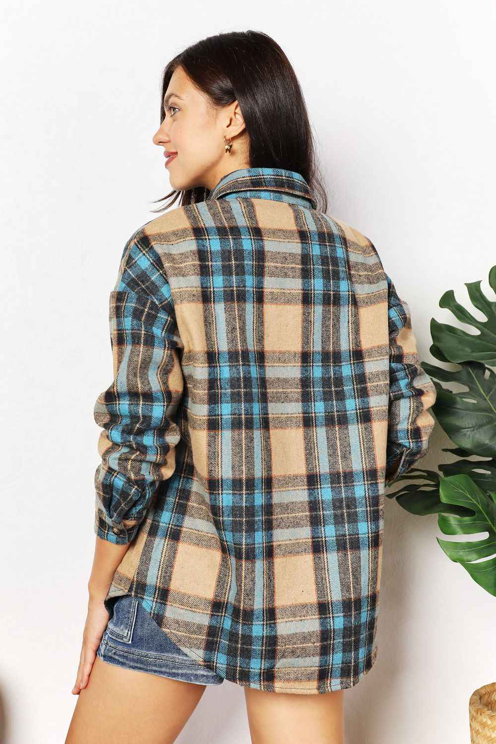 Double Take Plaid Curved Hem Shirt Jacket with Breast Pockets by Wild and Free Boutique