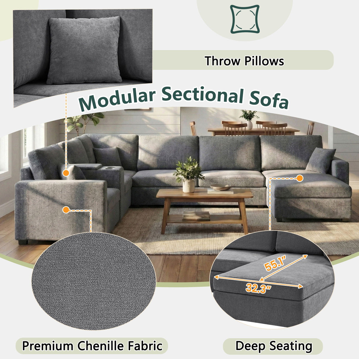 Modular 5 Seat U-Shape Sectional Sofa With Chaise Lounge, Built In Cup Holders And Storage Drawer by Unique Piece Furniture