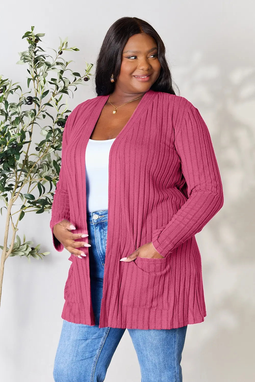 Basic Bae Full Size Ribbed Open Front Cardigan with Pockets by Wild and Free Boutique