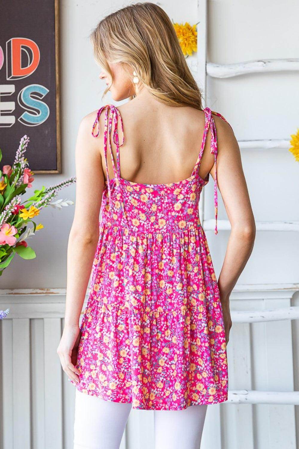 Heimish Full Size Floral Tie Shoulder Tiered Cami Top by Selvanelle