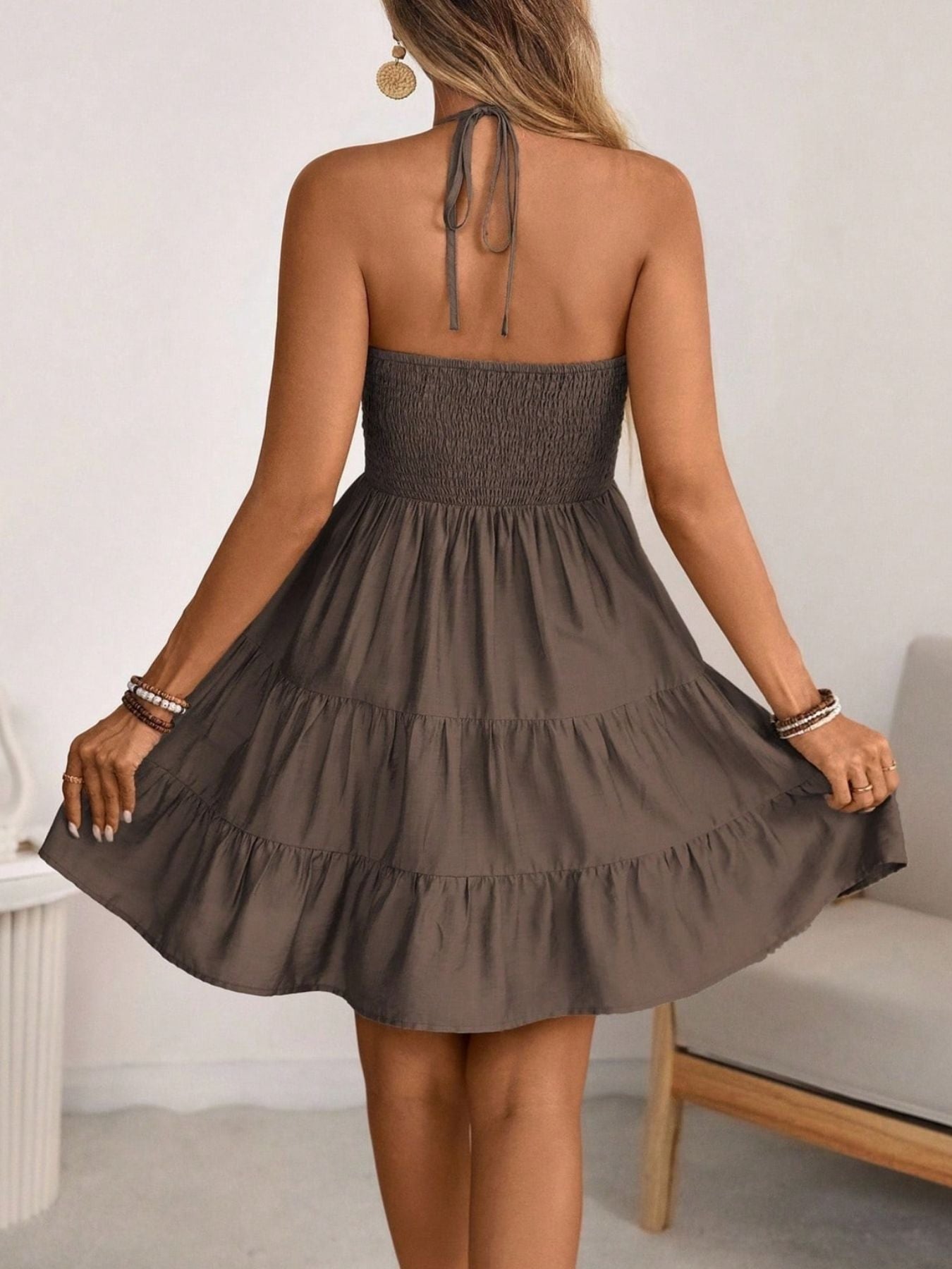 Smocked Halter Neck Tiered Dress by Shopiebay