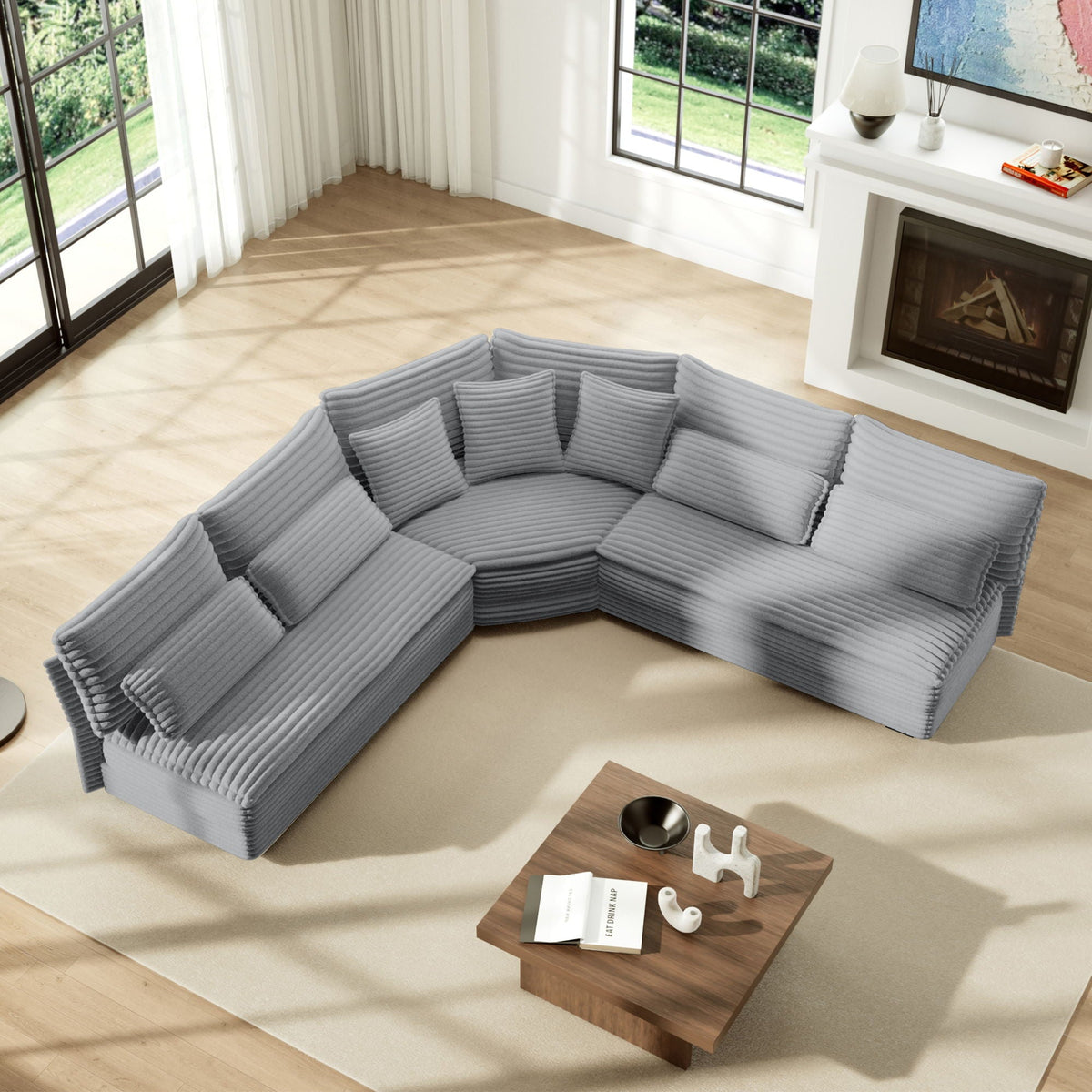 5 Seater L Shaped Sectional Sofa With Curved Corner, 7 Pillows by Unique Piece Furniture