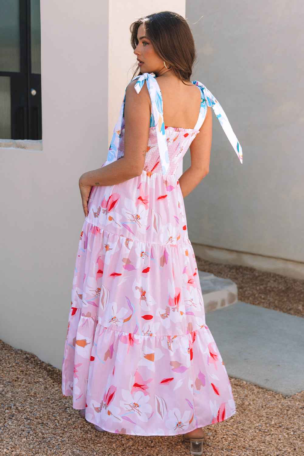 Pink Floral Print Knotted Shoulder Smocked Maxi Dress by Dear-Lover Dropshipping