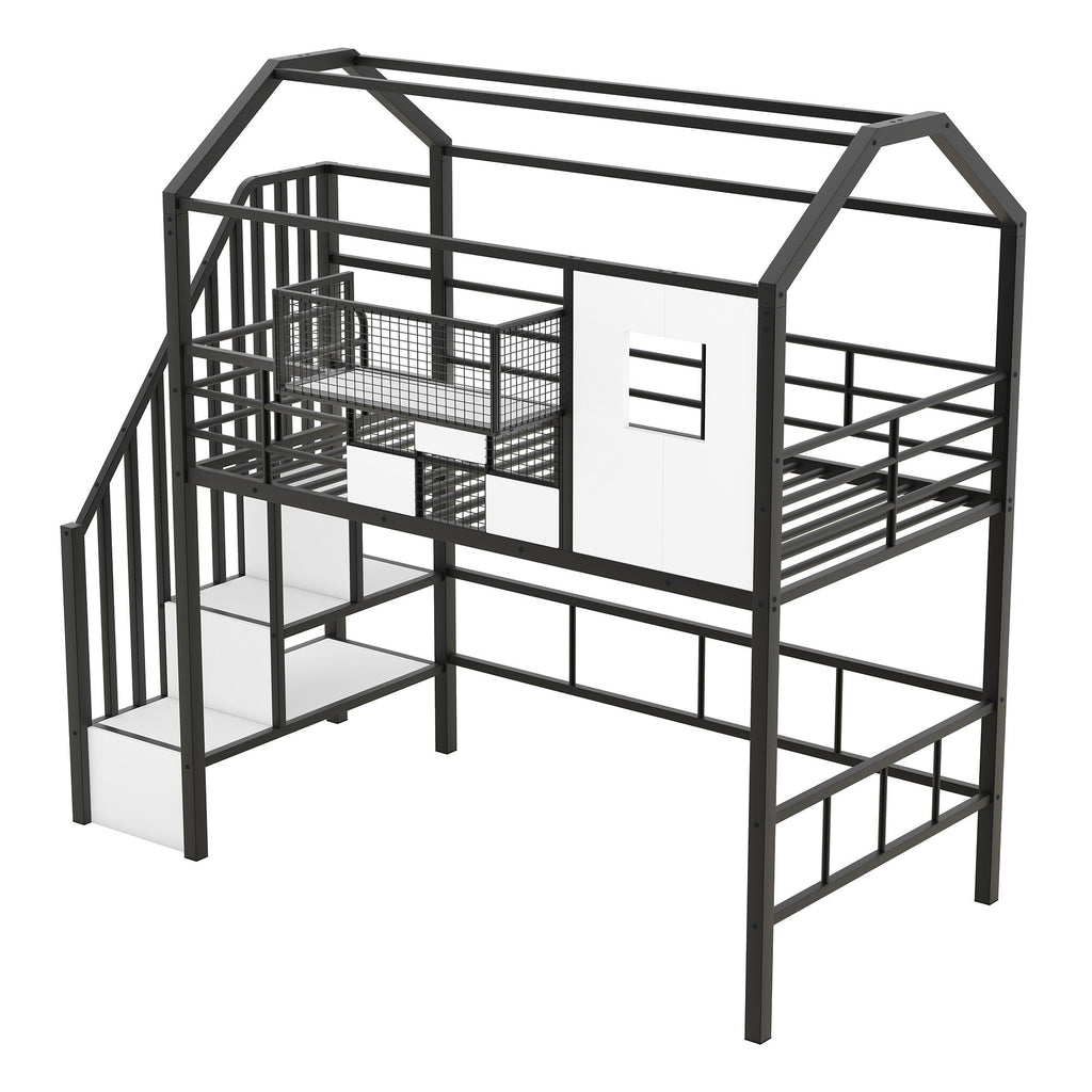 Metal Loft Bed With Roof Design And Storage Box With Guardrails And Integrated Ladder by Unique Piece Furniture