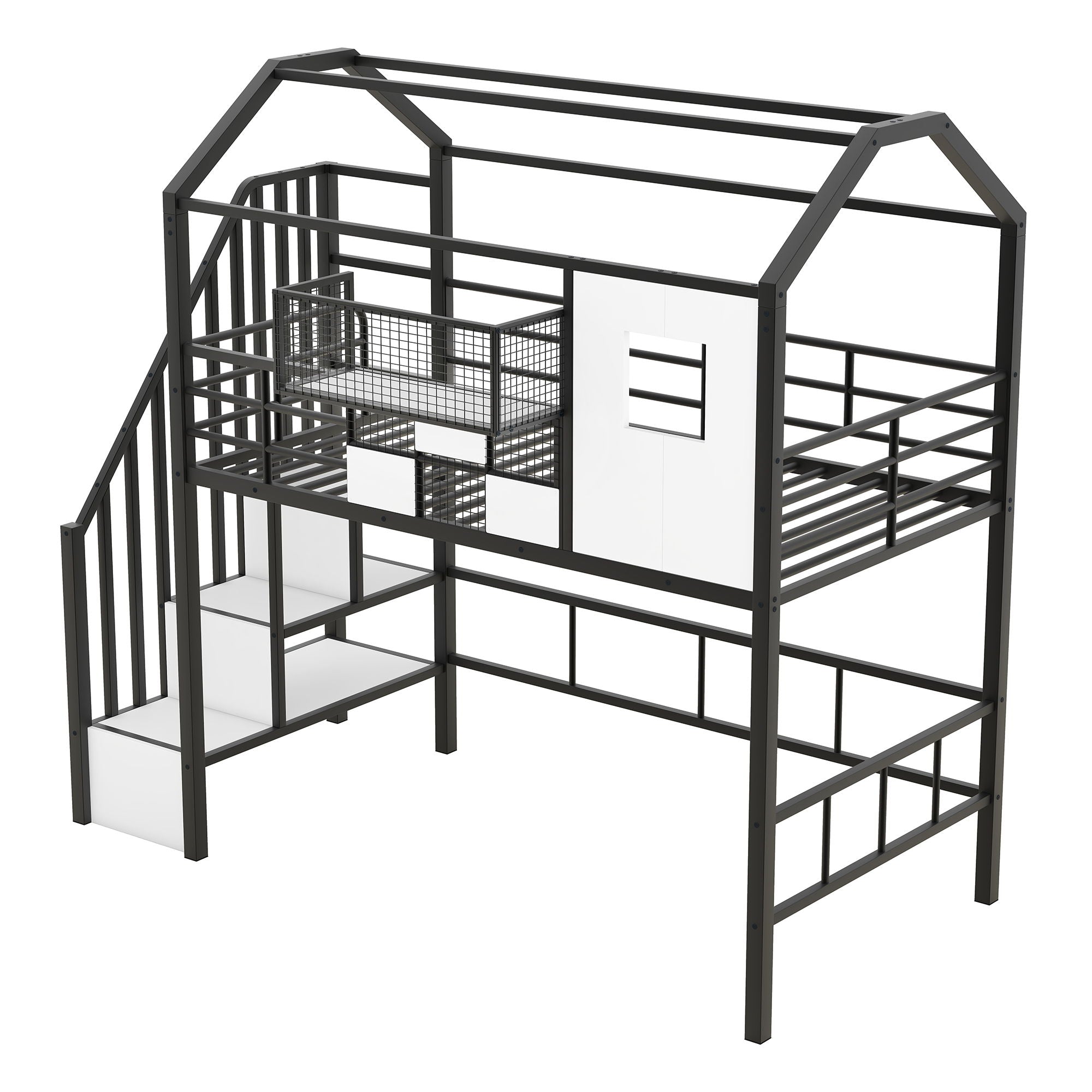 Metal Loft Bed With Roof Design And Storage Box With Guardrails And Integrated Ladder by Unique Piece Furniture