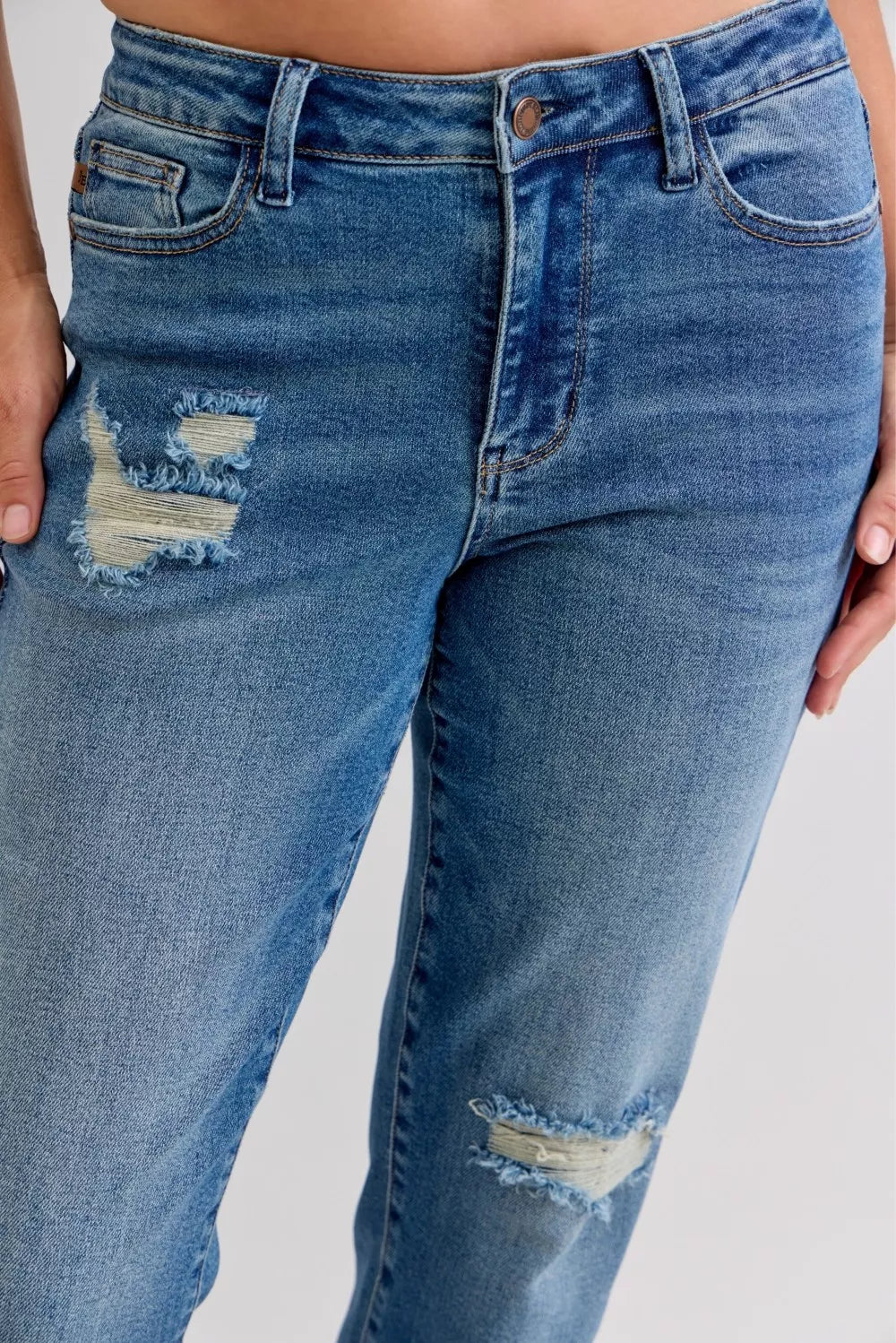 Judy Blue Full Size Mid Rise Bf Patch & Repair Destroy Release Hem Jeans Plus Size by Wild and Free Boutique