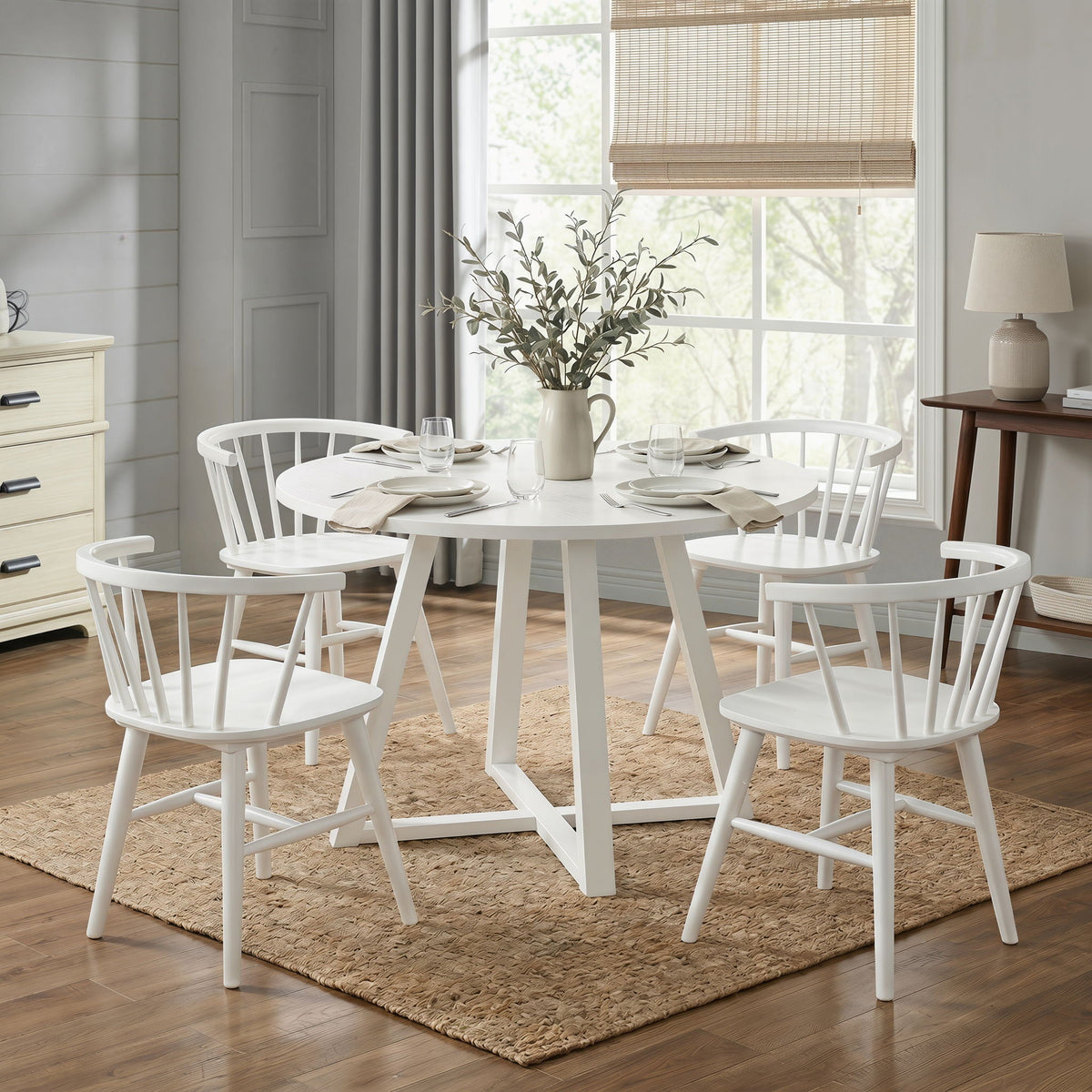 Edo - 5 Piece Dining Set, Trestle Dining Table With 4 Windsor Chairs - White by Unique Piece Furniture