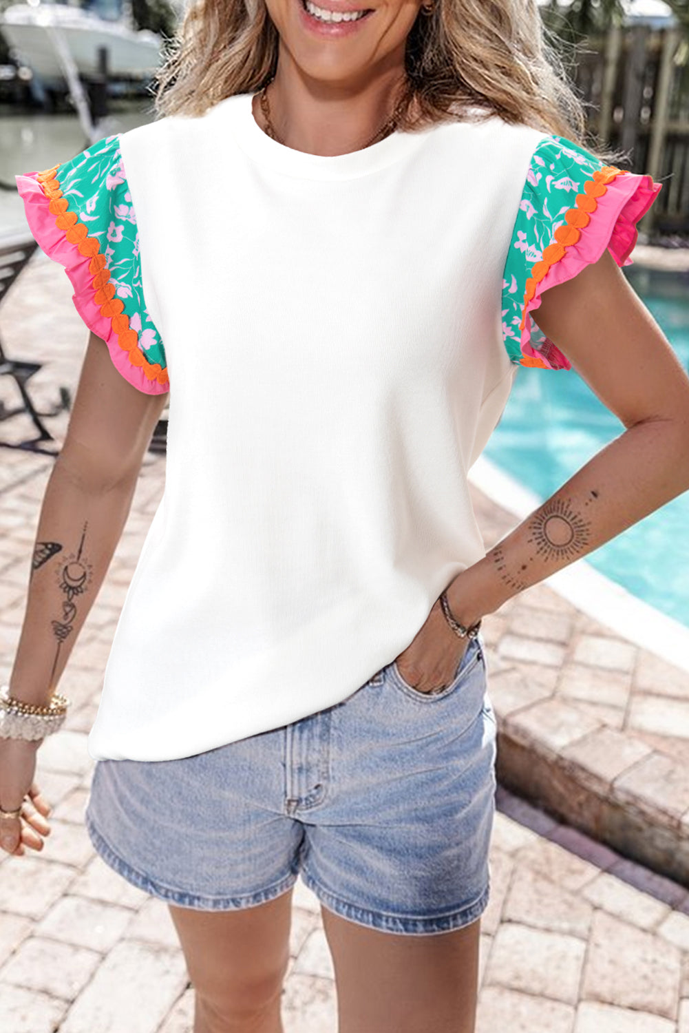 White Contrast Ricrac Floral Sleeve Top by Wild and Free Boutique