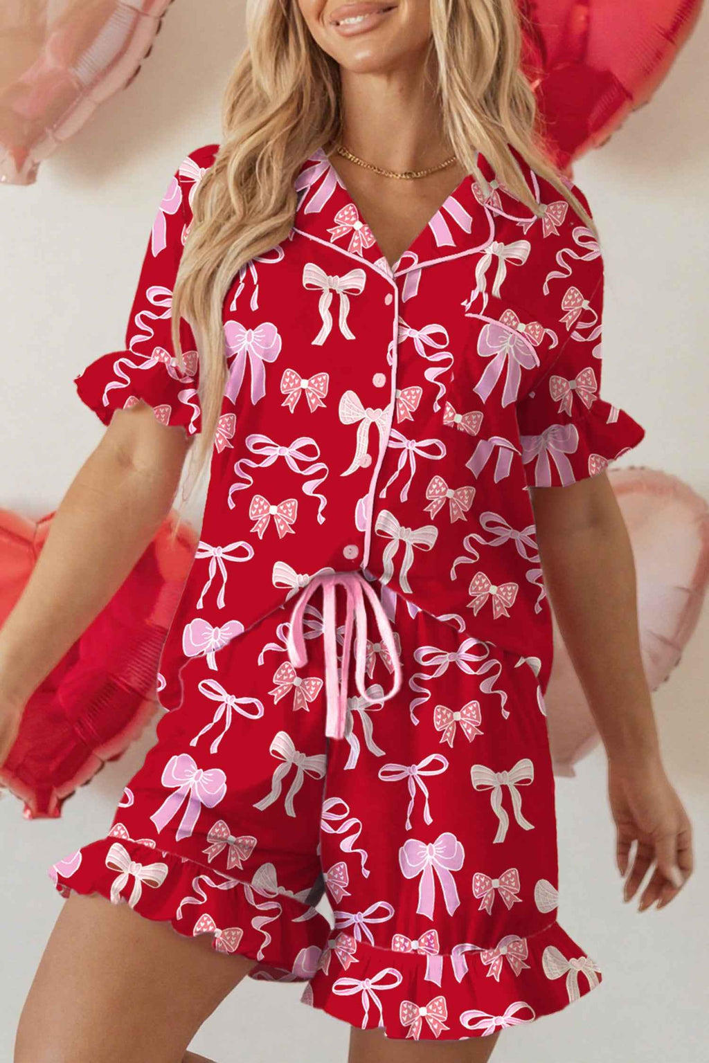 Red Sweet Bow Print Ruffled Short Sleeve Shirt Shorts 2pcs Pajama Set by Wild and Free Boutique