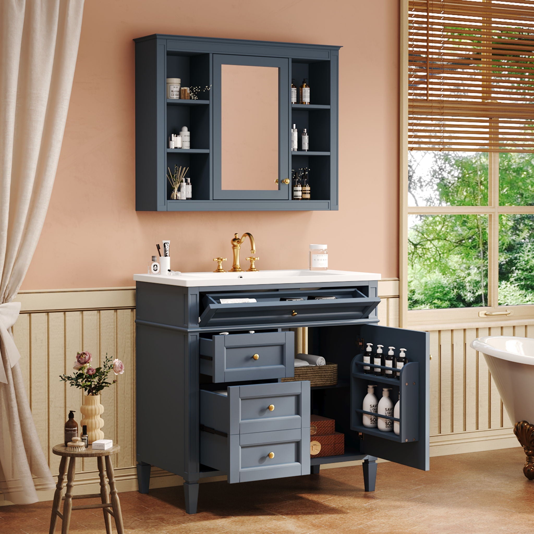 Bathroom Vanity With Mirror Cabinet, Single Sink With 2 Soft Closing Doors And 4 Drawers by Unique Piece Furniture
