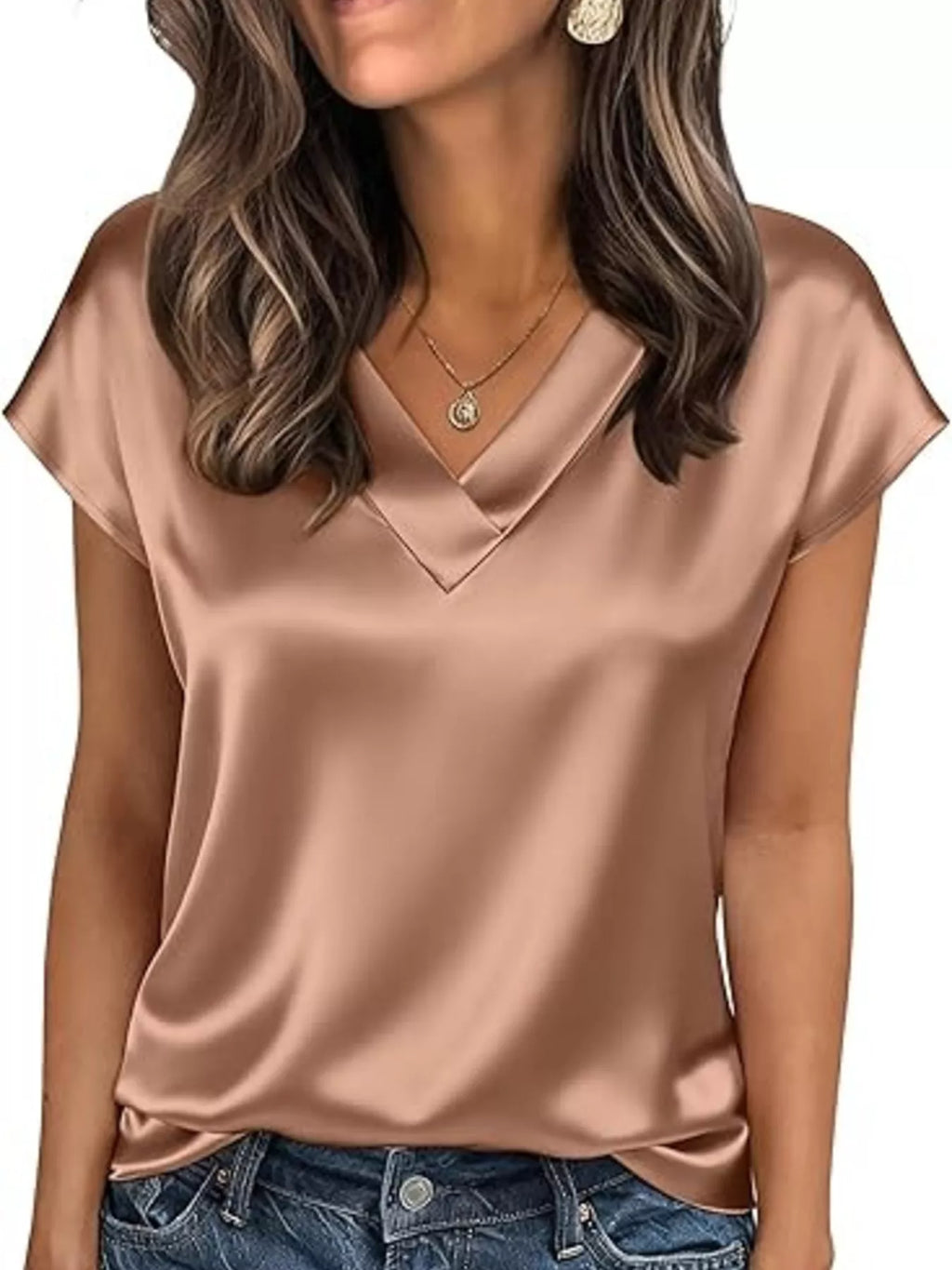 Satin V-Neck Short Sleeve Blouse by Wild and Free Boutique
