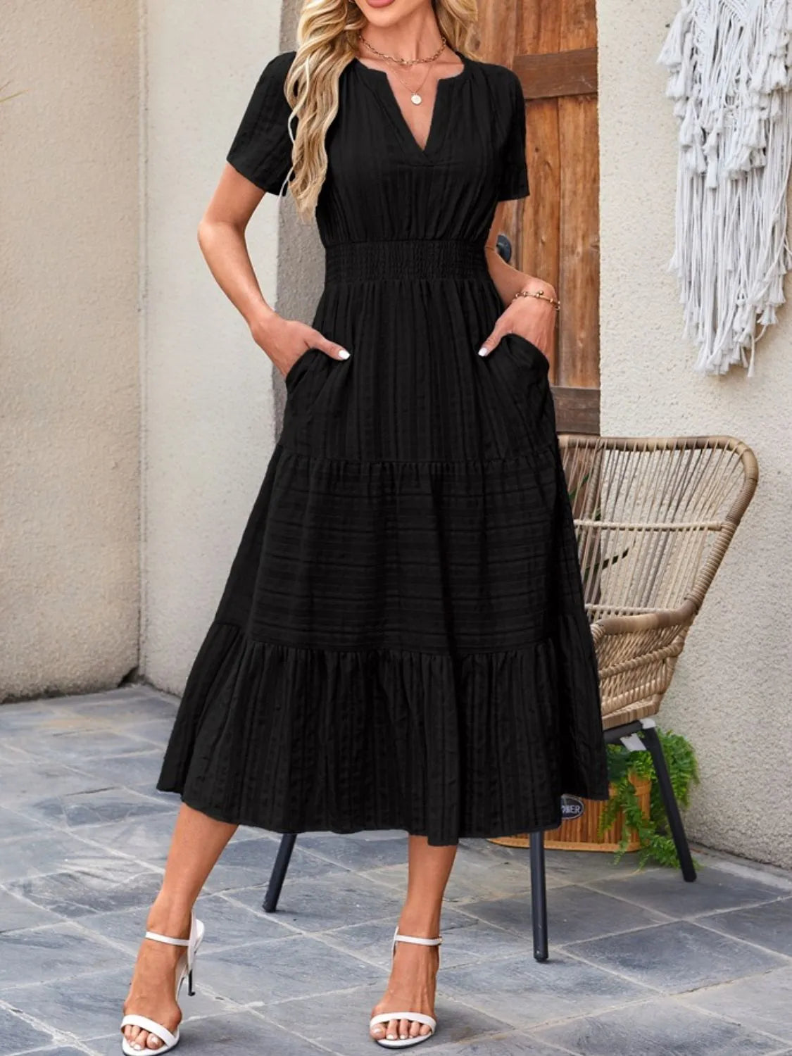 Tiered Notched Short Sleeve Dress by Shopiebay