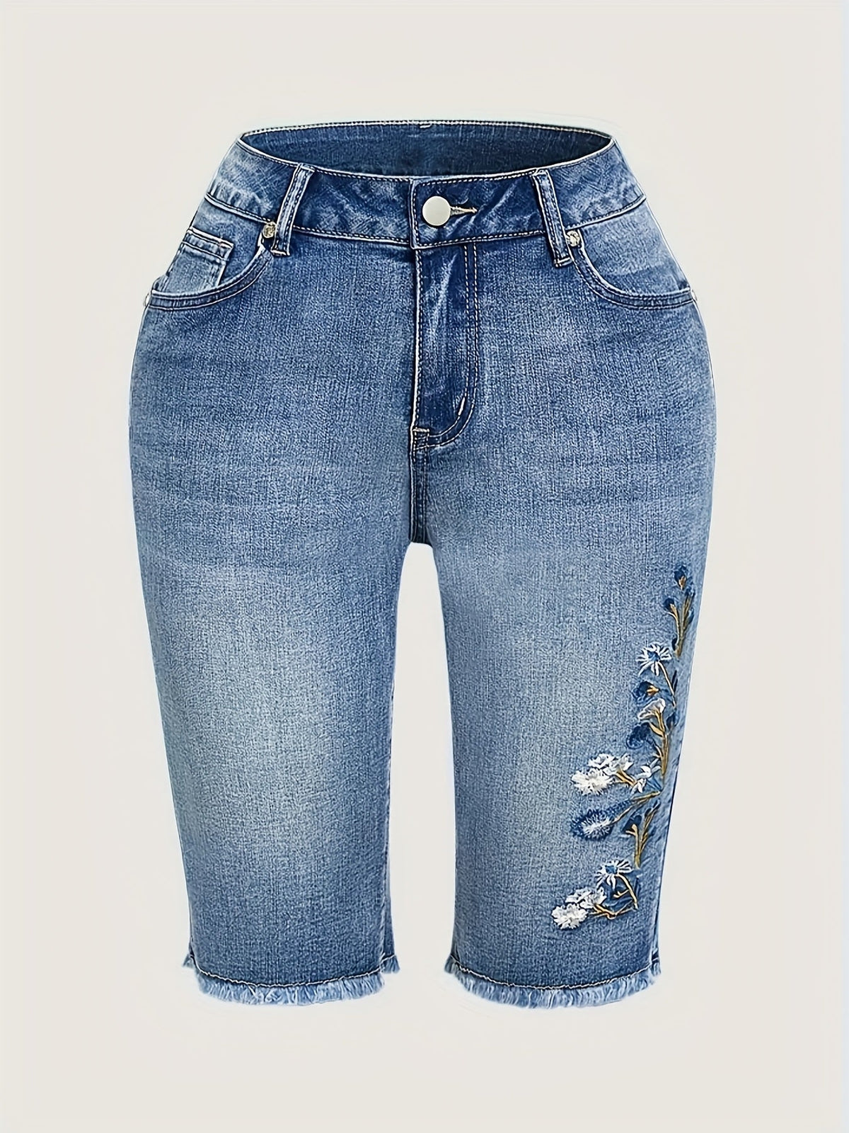 Elegant Stretch Slim Embroidered Mi length Jeans by Trendy Attic Store01