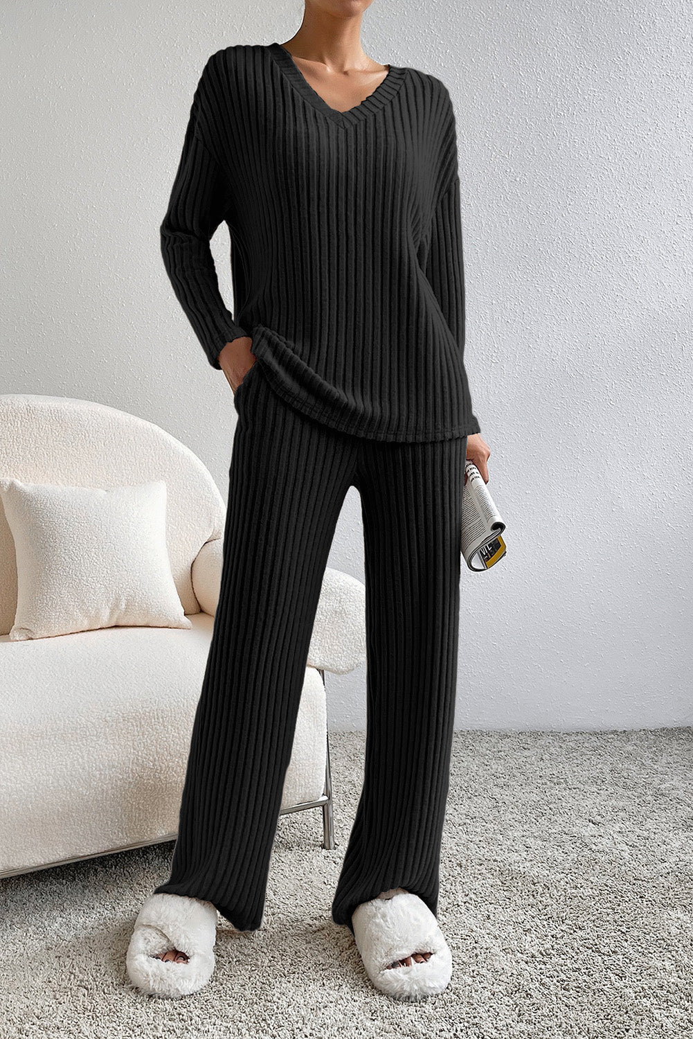 Ribbed V-Neck Top and Pants Lounge Set by Wild and Free Boutique
