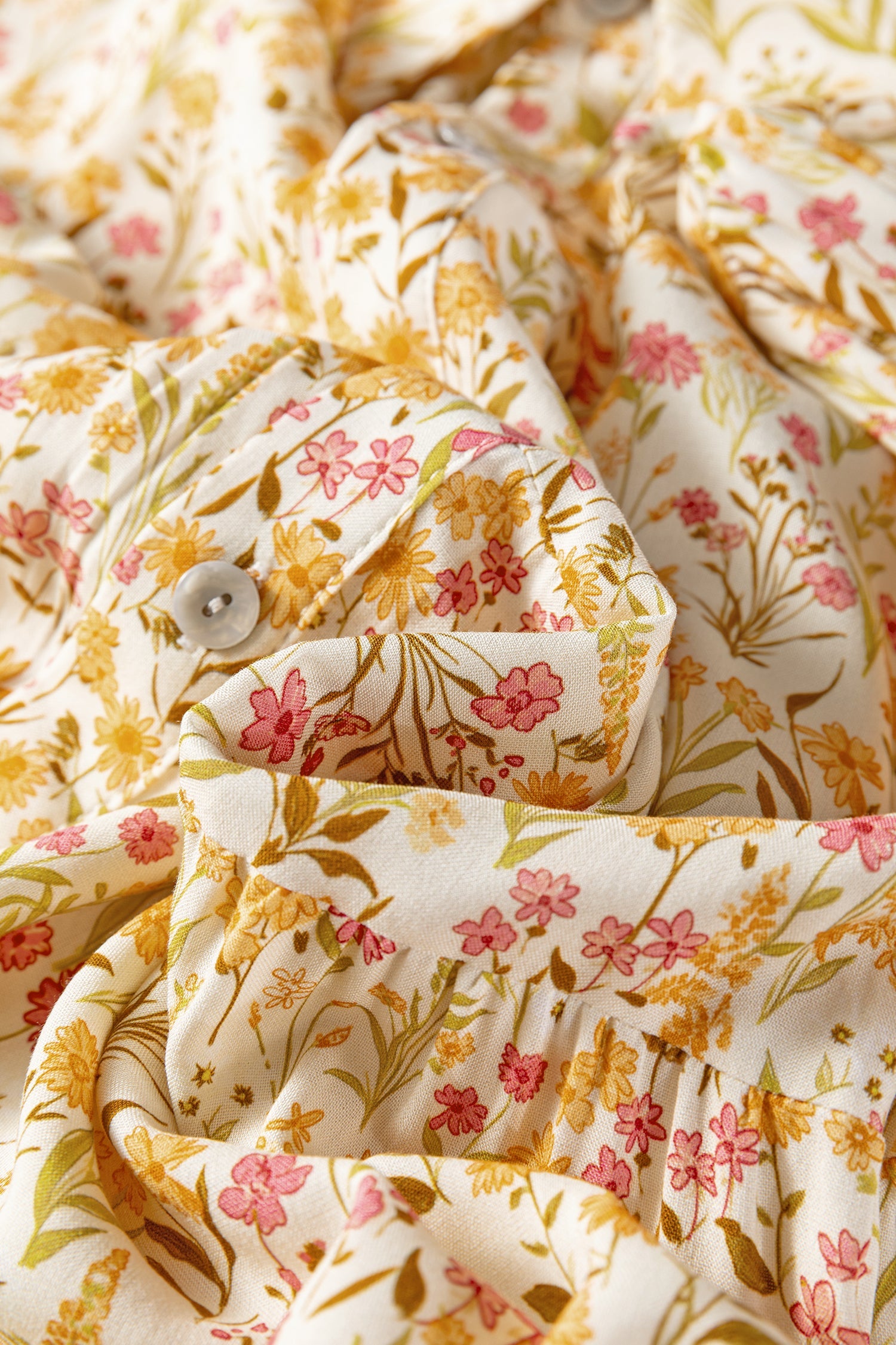 Yellow Floral Print Frilly Trim Smocked Cuff Long Sleeve Loose Shirt Dress by Wild and Free Boutique