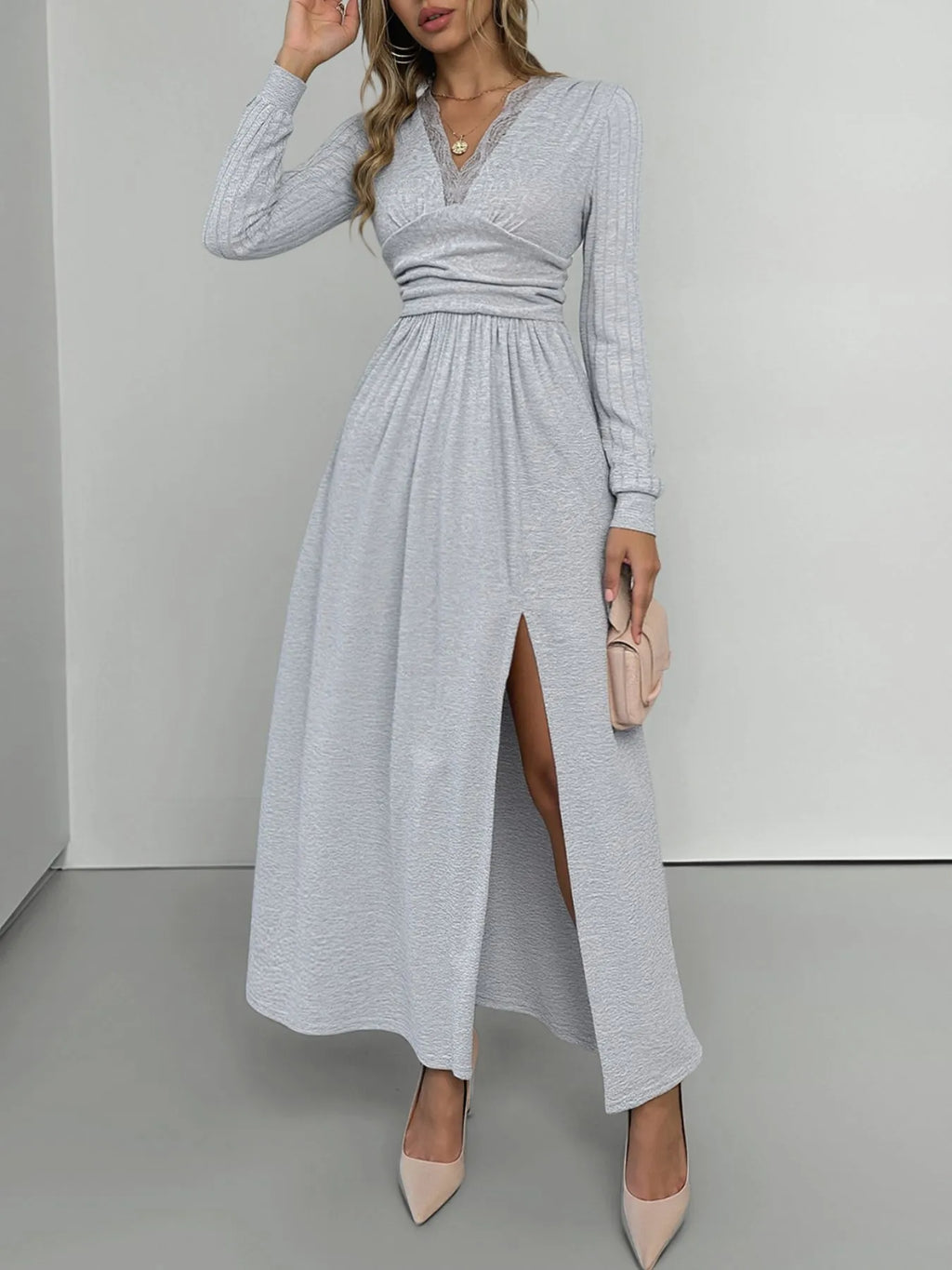 Lace Detail V-Neck Maxi Dress with Side Slit by Simply Love