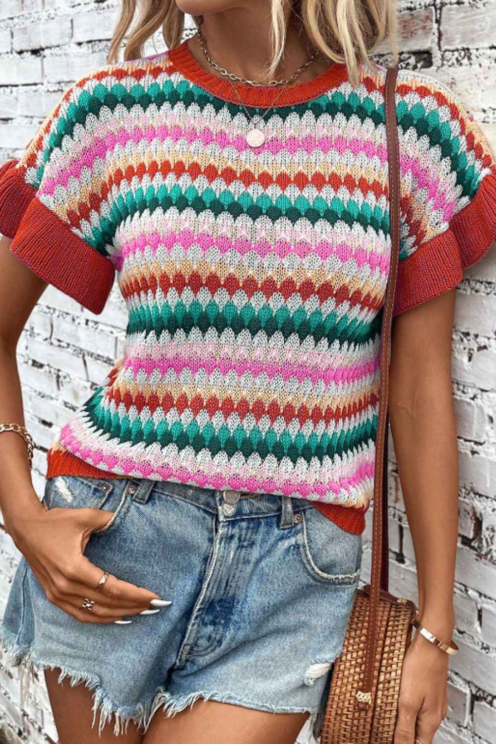 Contrast Round Neck Short Sleeve Sweater by Wild and Free Boutique