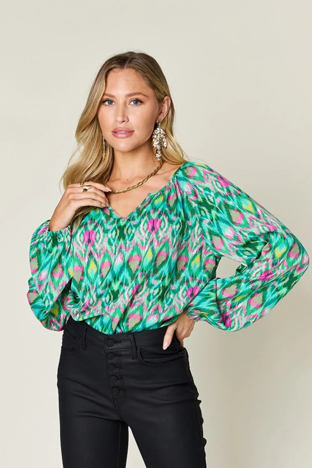 Double Take Full Size Printed Balloon Sleeve Blouse by Wild and Free Boutique
