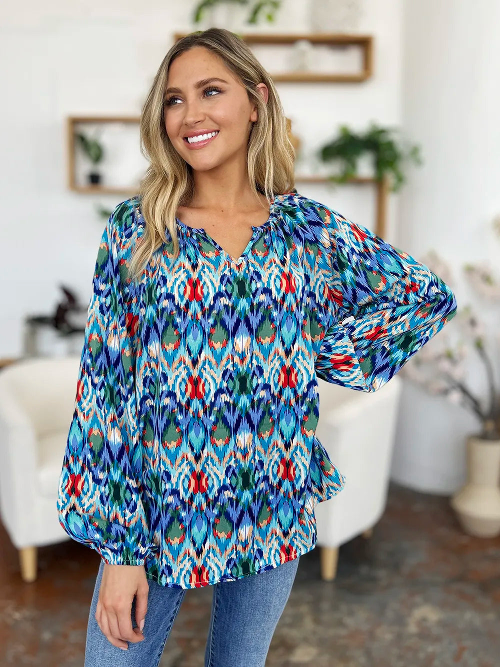 Double Take Full Size Printed Balloon Sleeve Blouse by Wild and Free Boutique