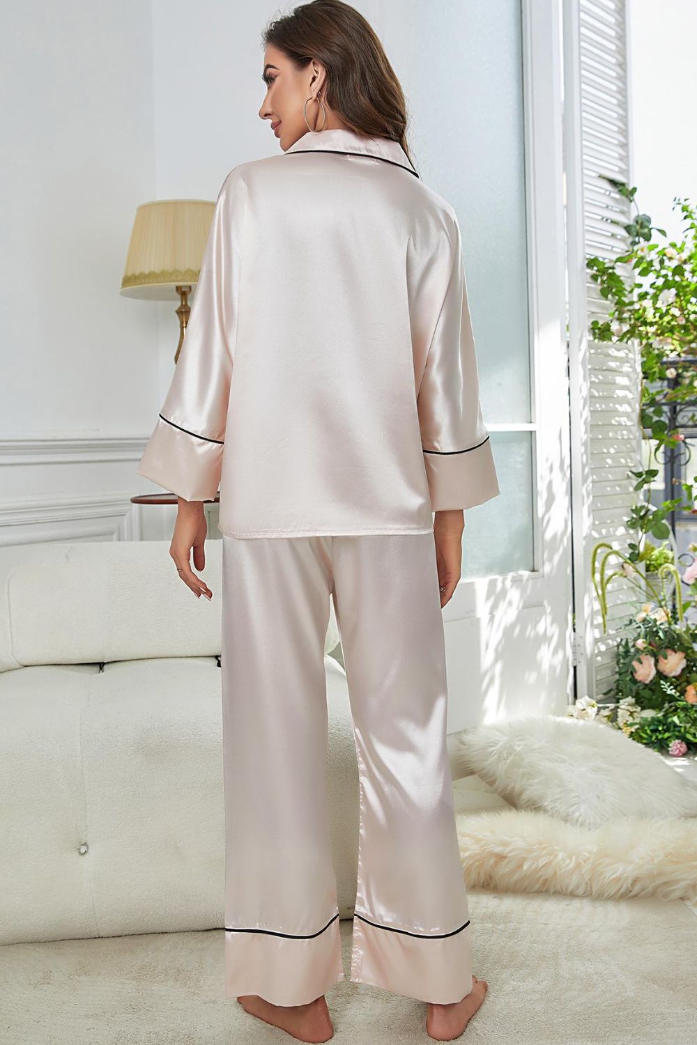 Contrast Piping Button-Up Top and Pants Pajama Set by Wild and Free Boutique