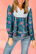 Sky Blue Floral Print Contrast Yoke Patchwork Striped Trim Long Puff Sleeve Blouse by Wild and Free Boutique