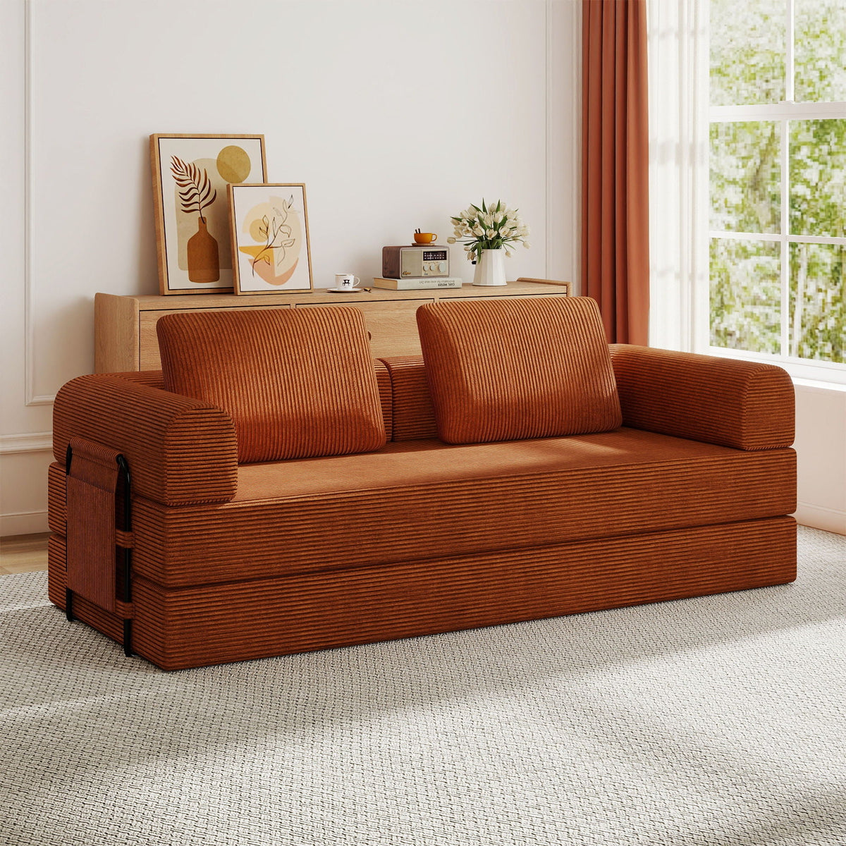 Convertible Sleeper Sofa Bed With Cylindrical Pillow, Fixed Shape Frame by Unique Piece Furniture