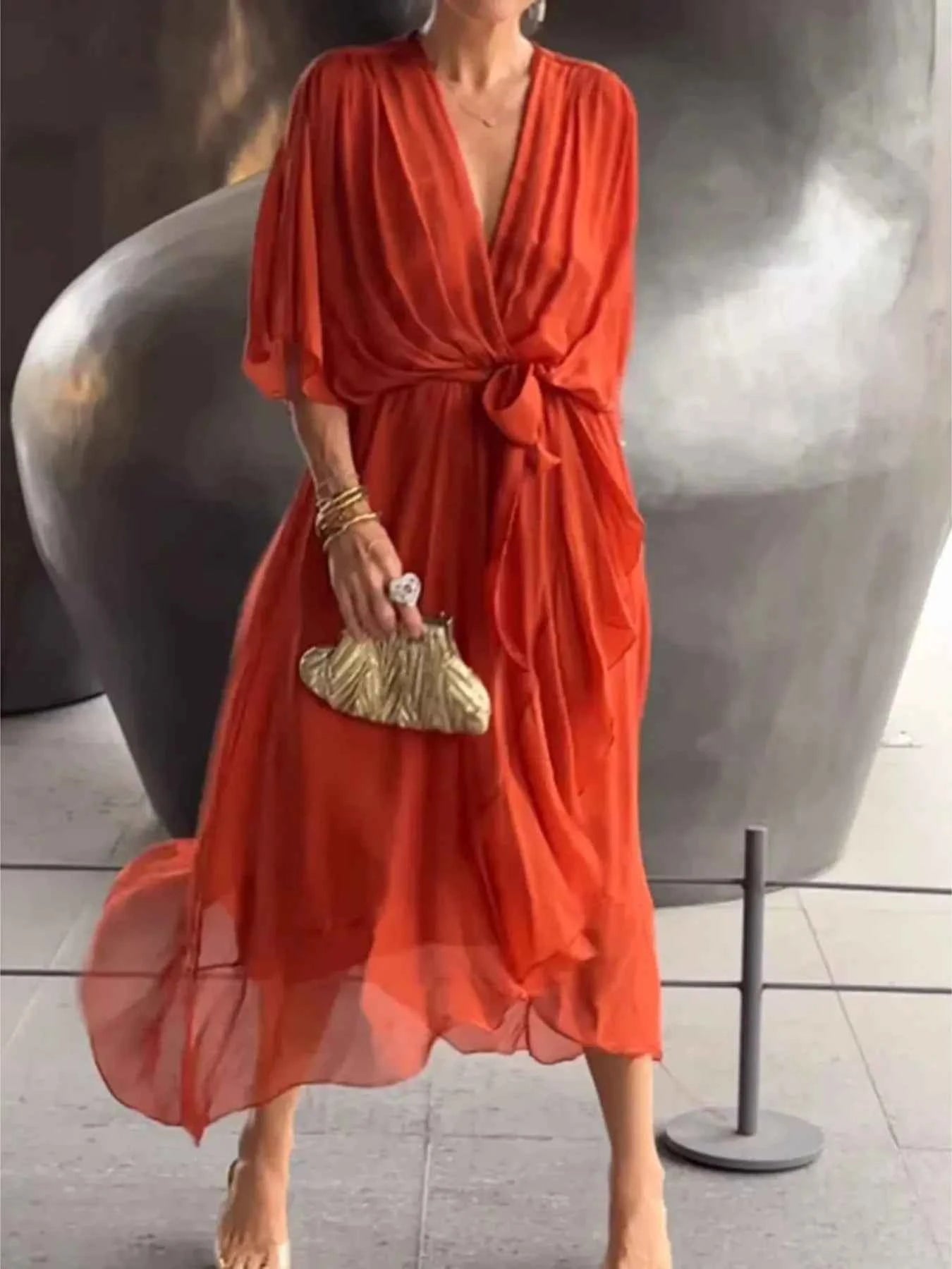 Flowy Tie Front Midi Dress with Flutter Sleeves