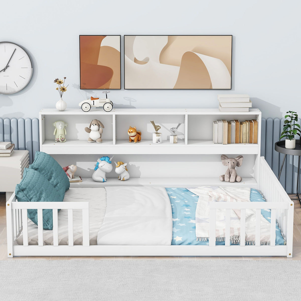 Floor Bed With Side Bookcase, Shelves, Guardrails by Unique Piece Furniture
